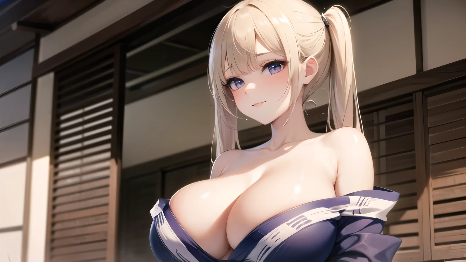 (((masterpiece, best quality))), (((superior quality))), cute girl, ((extremely detailed girl)), ((huge breasts)), (yukata), (bare shoulders), strapless top, slight smile, twin tail blonde