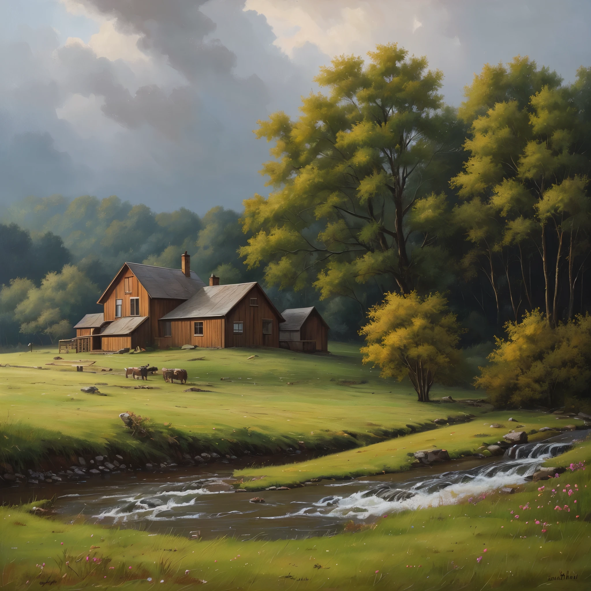 A small farmhouse with only one window under the big tree next to the stream, Weather of heavy rain, Oil painting, classic style, Cool colors, brushstrokes, cold textures, expressive portraits,rain, Dynamic Composition, Capturing rain and shadow , art, timeless beauty.
rain wind