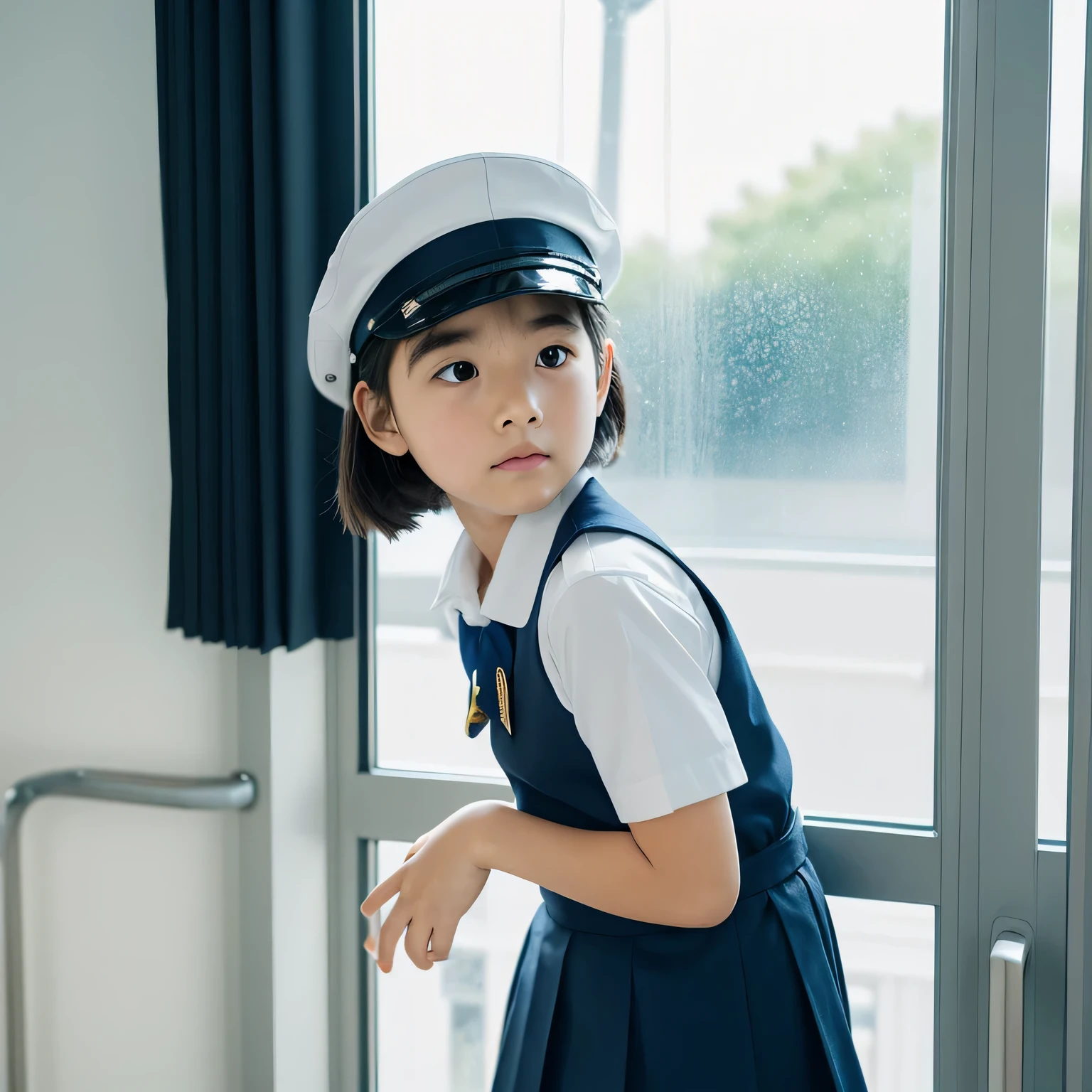 beautiful illustrations、highest quality、ultra high resolution、Professional specifications、((( girl looking outside with her hands on the window glass.))、((school classroom window glass))、light blue school sailor uniform、very short skirt、((Police Officer Cap))、short sleeve、'face、looking at the viewer、stand with your butt up