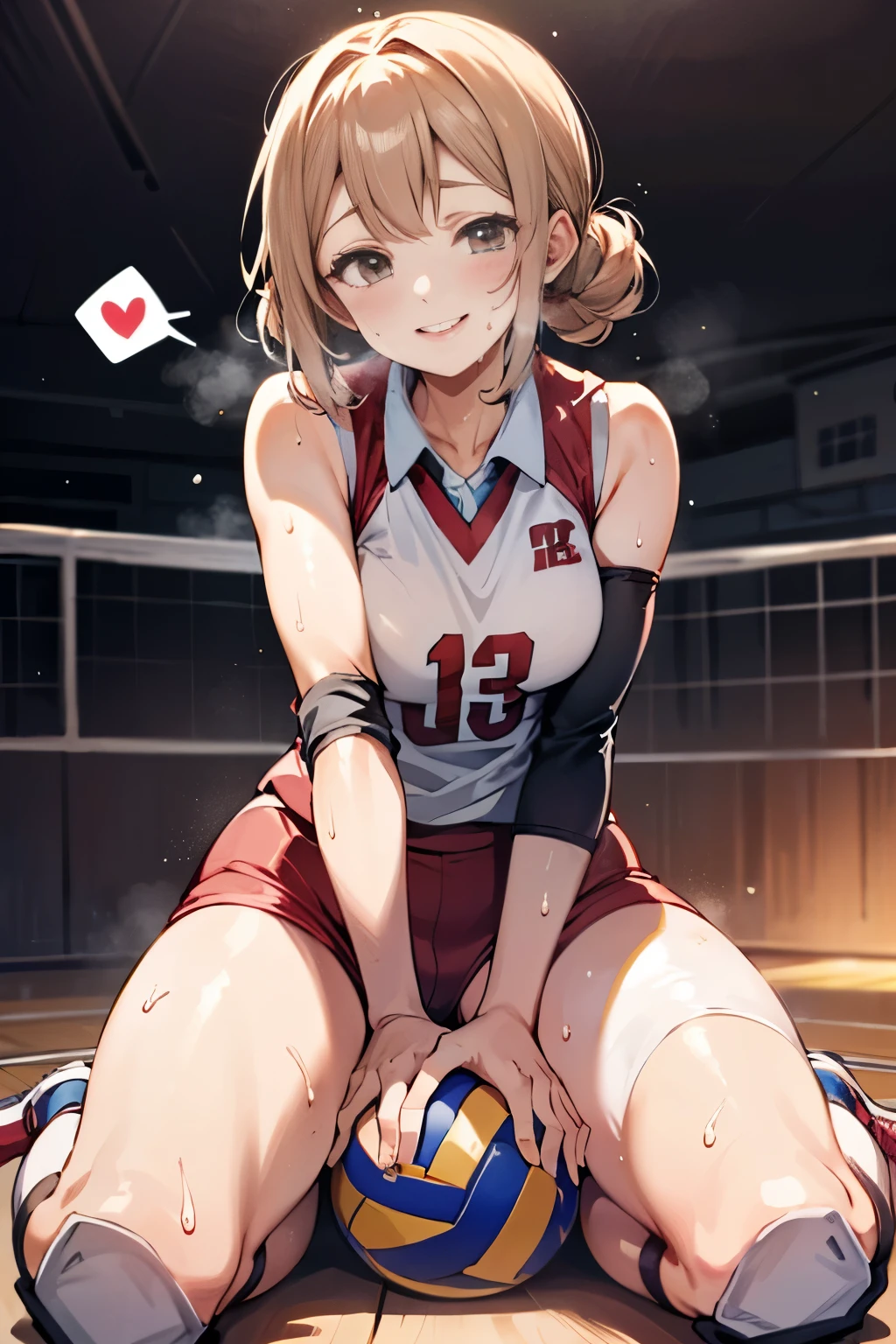 unity 8k wallpaper, anatomically correct, (((masterpiece))), (((best quality))), (((ultra detailed))), (((high-resolution))), ((Ultimate cutie)), perfect hands, perfect finger, (((good anatomy))), detailed beautiful face, shiny hair, (((gyaru))), (potbelly), (curvy), medium breasts, ((Thick thighs)), (((solo))), ((seductive smile)), (((blush))),
BREAK, (((sit astride the perfectly spherical shape 6-inch volleyball))), (((Straddling a perfectly spherical 6" volleyball))), (((Perfectly spherical 6" volleyball fits perfectly crotch))), BREAK, (((Rub the Perfectly spherical 6" volleyball against crotch))),
BREAK, (Collared volleyball uniforms), sleeveless, ((buruma)), ((kneepad)), pussy juice stained, (elbow pad), (((sweat))), (((covered in sweat))), ((deep breathing)), in Volleyball Court, indoor, lighting, looking at viewer, full body, (spoken heart)