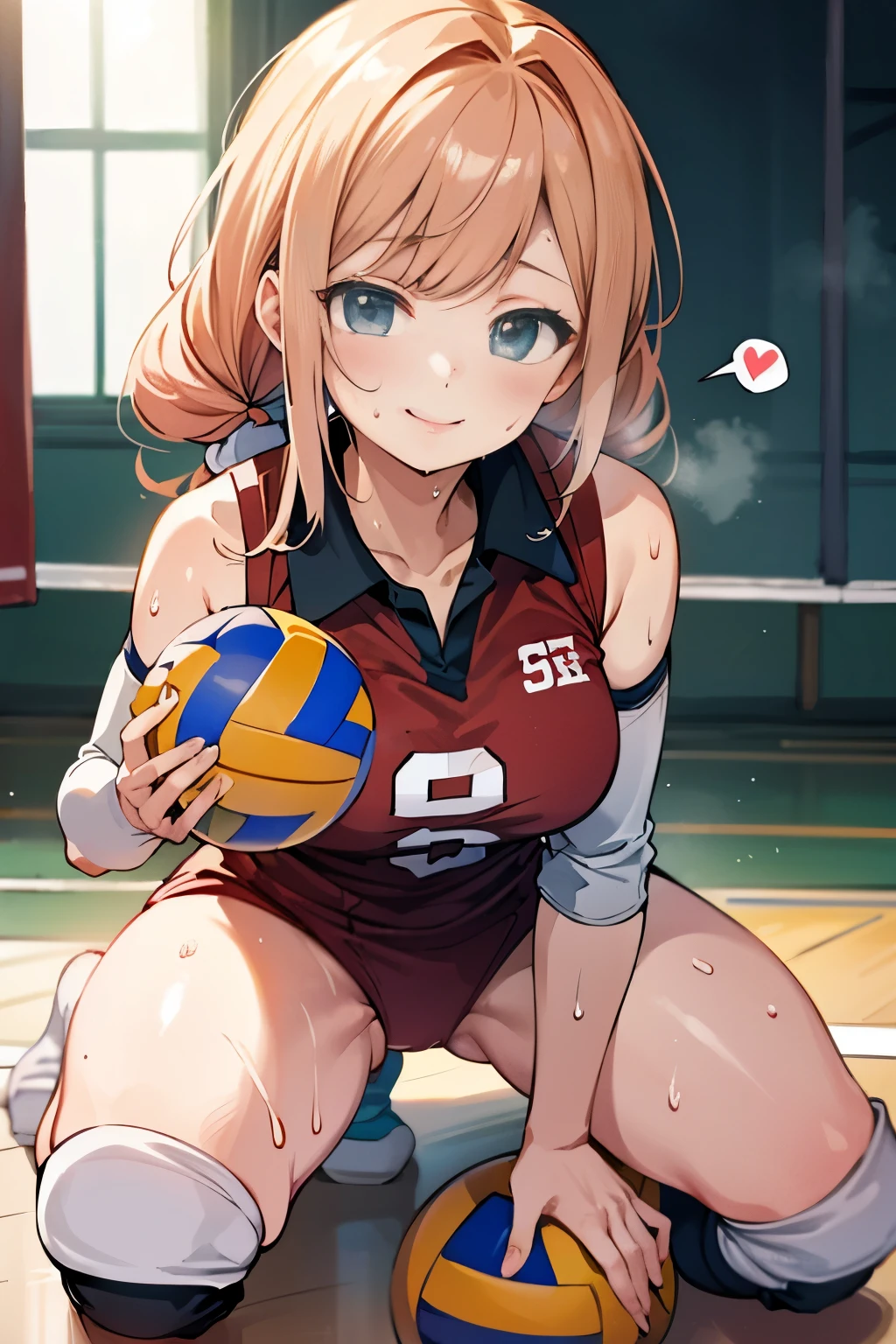 unity 8k wallpaper, anatomically correct, (((masterpiece))), (((best quality))), (((ultra detailed))), (((high-resolution))), ((Ultimate cutie)), perfect hands, perfect finger, (((good anatomy))), detailed beautiful face, shiny hair, (((gyaru))), (potbelly), (curvy), medium breasts, ((Thick thighs)), (((solo))), ((seductive smile)), (((blush))),
BREAK, (((sit astride the perfectly spherical shape 6-inch volleyball))), (((Straddling a perfectly spherical 6" volleyball))), (((Perfectly spherical 6" volleyball fits perfectly crotch))), BREAK, (((Rub the Perfectly spherical 6" volleyball against crotch))),
BREAK, (Collared volleyball uniforms), sleeveless, ((buruma)), ((kneepad)), pussy juice stained, (elbow pad), (((sweat))), (((covered in sweat))), ((deep breathing)), in Volleyball Court, indoor, lighting, looking at viewer, full body, (spoken heart)
