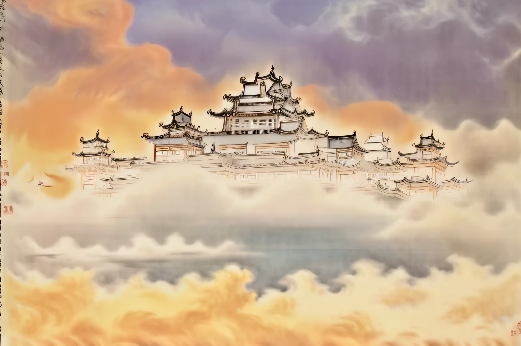 Large architectural painting with many clouds in the sky, Cloud Palace, Feiyun Castle, palace floating in the air, city floating in the clouds, floating city in the sky, palace floating in the air, The temple of truth is white, Exquisite renderings of the Tang Dynasty, a huge floating castle, A city in the clouds, sky cities