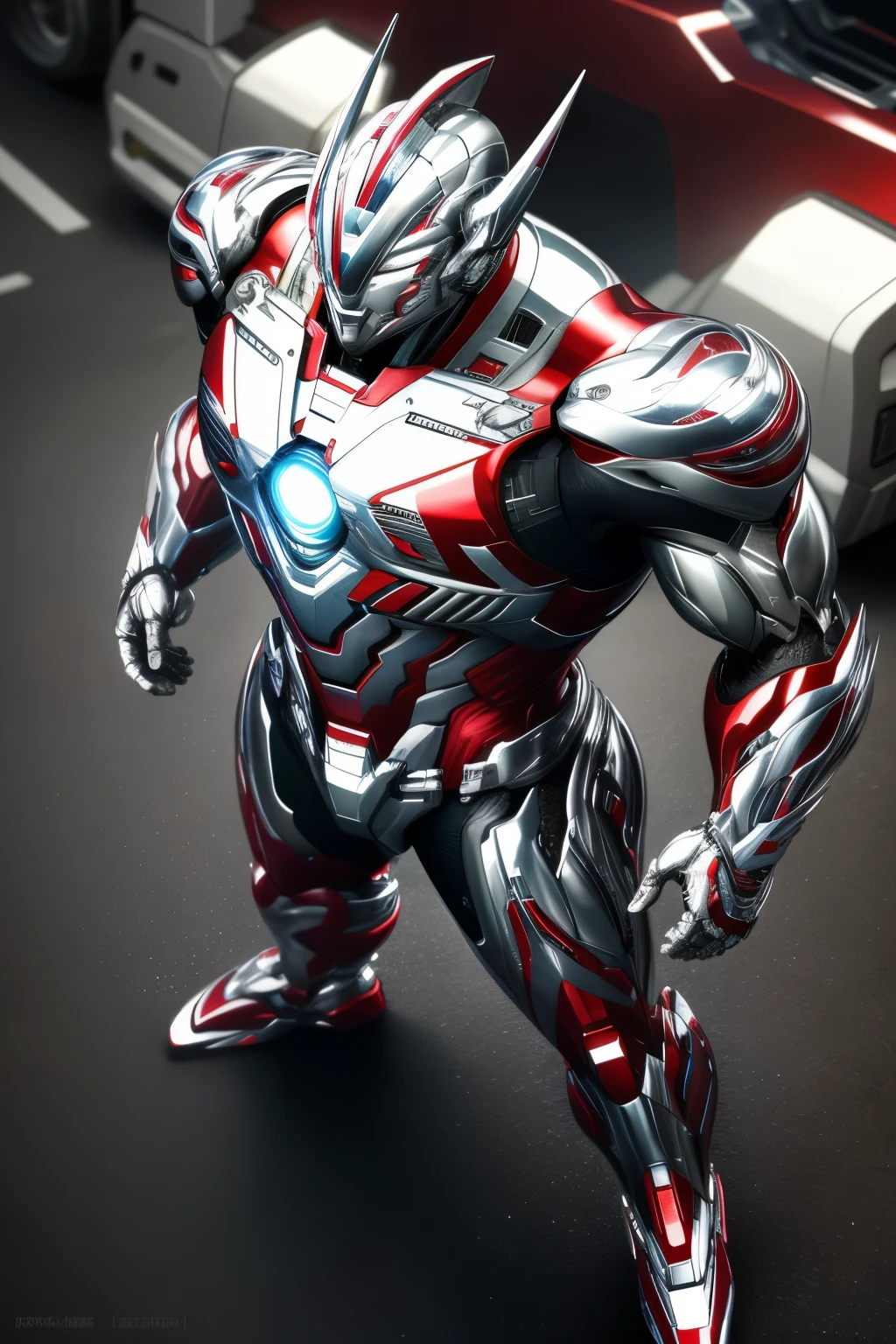 (Masterpiece, Superb Quality, Super Delicate, High Resolution), Male Focus, (((Mobile Ultraman))), (No Muscles))), (His head is tapered, his body is made of red and silver (((chrome))), his arms are streamlined, he has a round calculator on his chest, he looks tall and athletic, the overall look is streamlined and modern), (standing pose), pose for photos, high angle, dark night, city ruins, background details, ((((whole body))), from above, solo, photo-realistic, octane render, unreal engine, ultra-realistic ((( Huge feeling)))