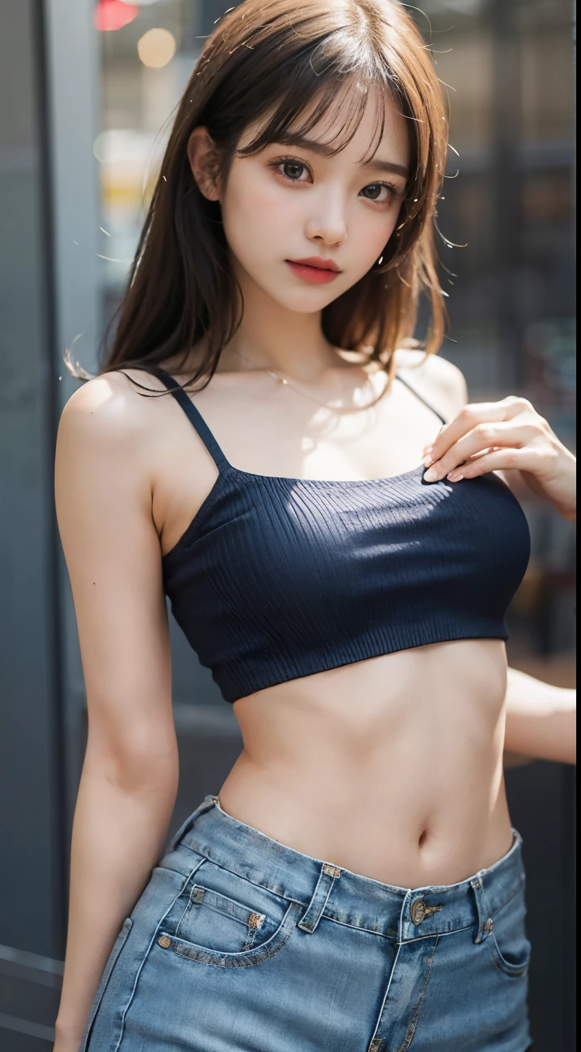 Girl in thin low cut camisole and tight denim shorts posing for photo、full bodyesbian、cropped t-shirt、bra very、Slim body、a large bust、Slim girl model、24歳の女性モデル、Beautiful body　Facing the front　Navel out