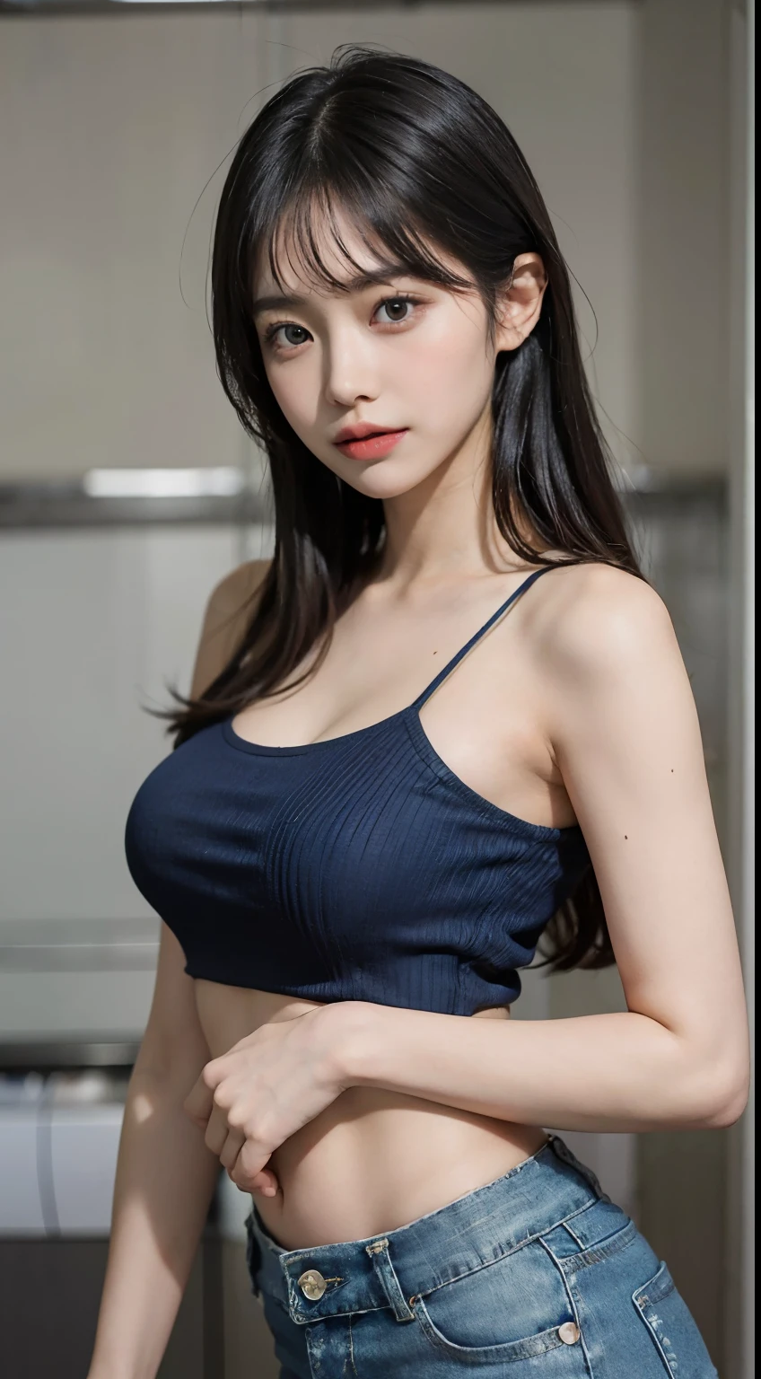 Girl in thin low cut camisole and tight denim shorts posing for photo、full bodyesbian、cropped t-shirt、bra very、Slim body、a large bust、Slim girl model、24歳の女性モデル、Beautiful body　Facing the front　Navel out