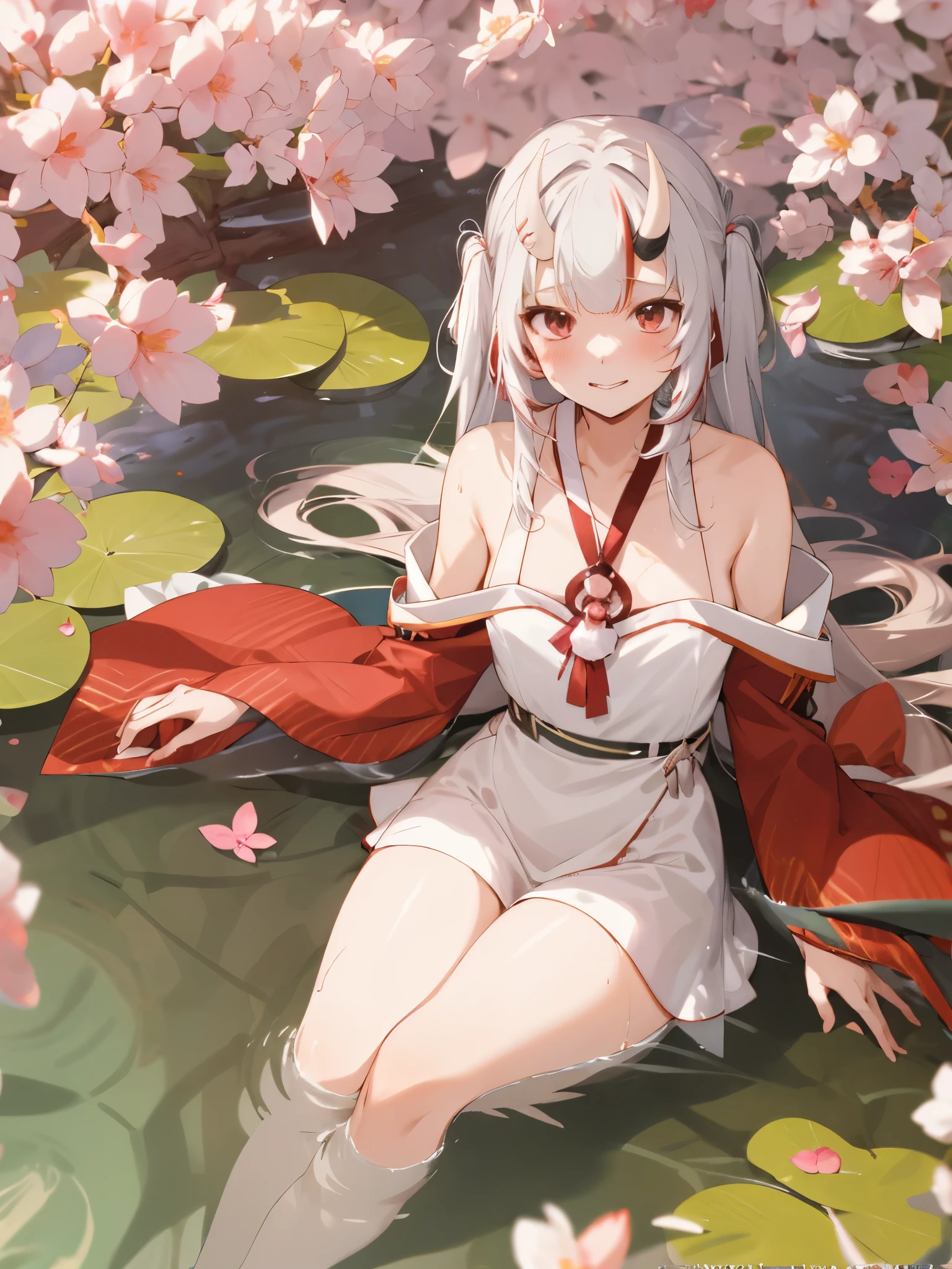 anime girl in a white dress sitting in a pond of water, shikamimi, shirabii, official artwork, sakura kinomoto, anime cover, white haired deity, at pixiv, sakimi chan, けもの, , pixiv contest winner, negao, artbook artwork, artbook, guweiz