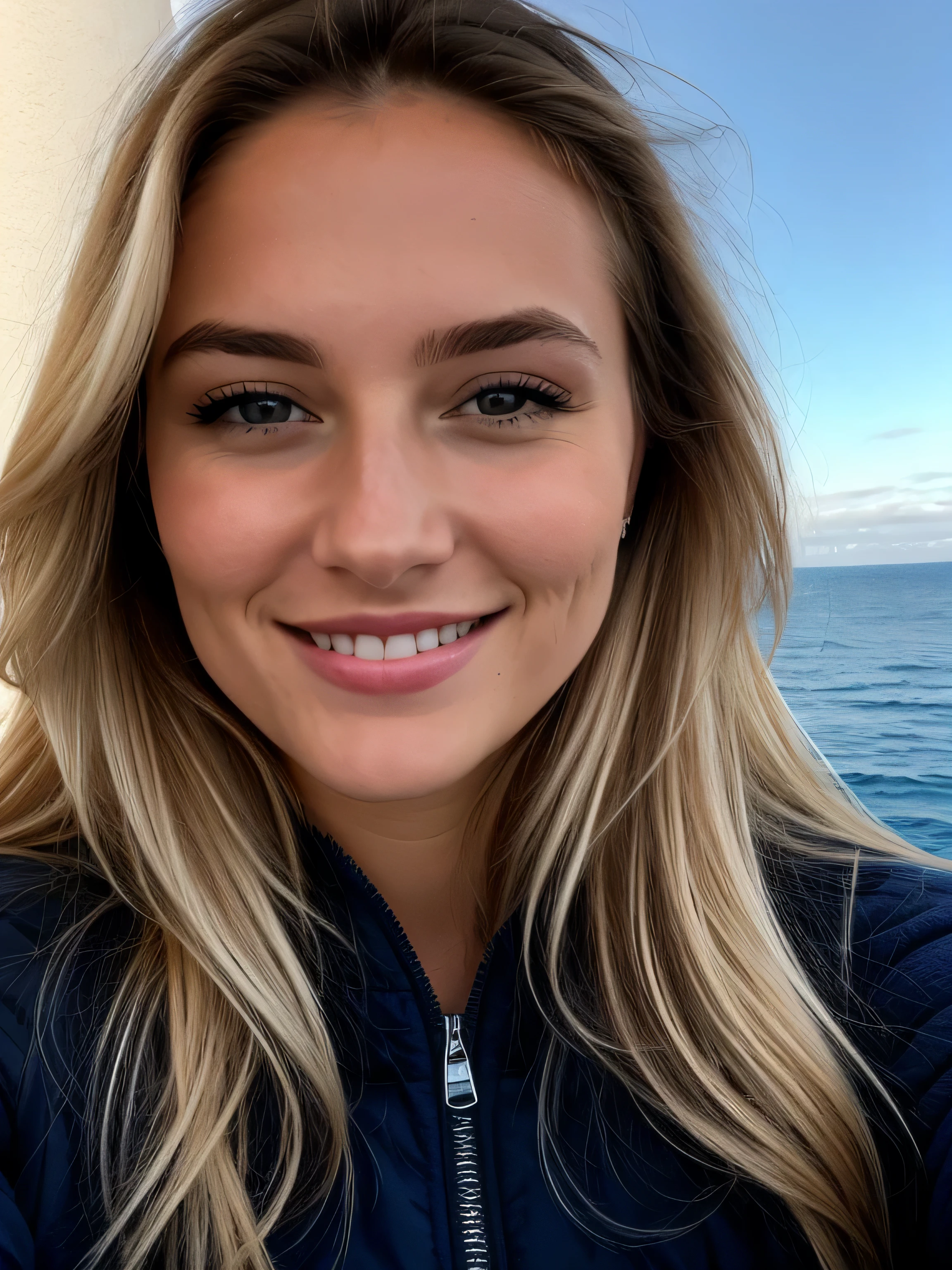 une femme blonde souriante de 23 ans fait un selfie en plein air au bord de la mer, Très beau temps, on voit la mer en arrière-plan, la mer couvre tout le fond, grand ciel bleu ensoleillé, Photoréalisme, Cheveux blonds with the racines châtain clair, cheveux blond, Cheveux avec des racines brunes, yeux bleus, belle femme, vue de face, Très gros plan du visage, zoom sur le visage, un blouson d'hiver noir, Haute qualité, selfie
