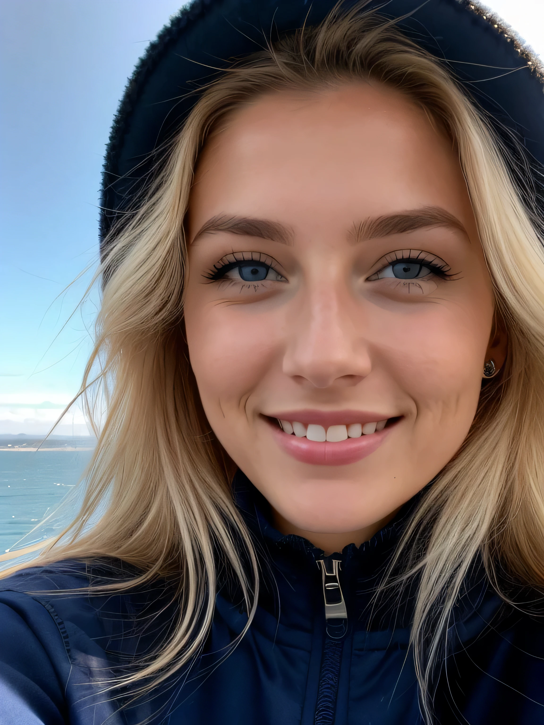 une femme blonde souriante de 23 ans fait un selfie en plein air au bord de la mer, Très beau temps, on voit la mer en arrière-plan, la mer couvre tout le fond, grand ciel bleu ensoleillé, Photoréalisme, Cheveux blonds with the racines châtain clair, cheveux blond, Cheveux avec des racines brunes, yeux bleus, belle femme, vue de face, Très gros plan du visage, zoom sur le visage, un blouson d'hiver noir, Haute qualité, selfie