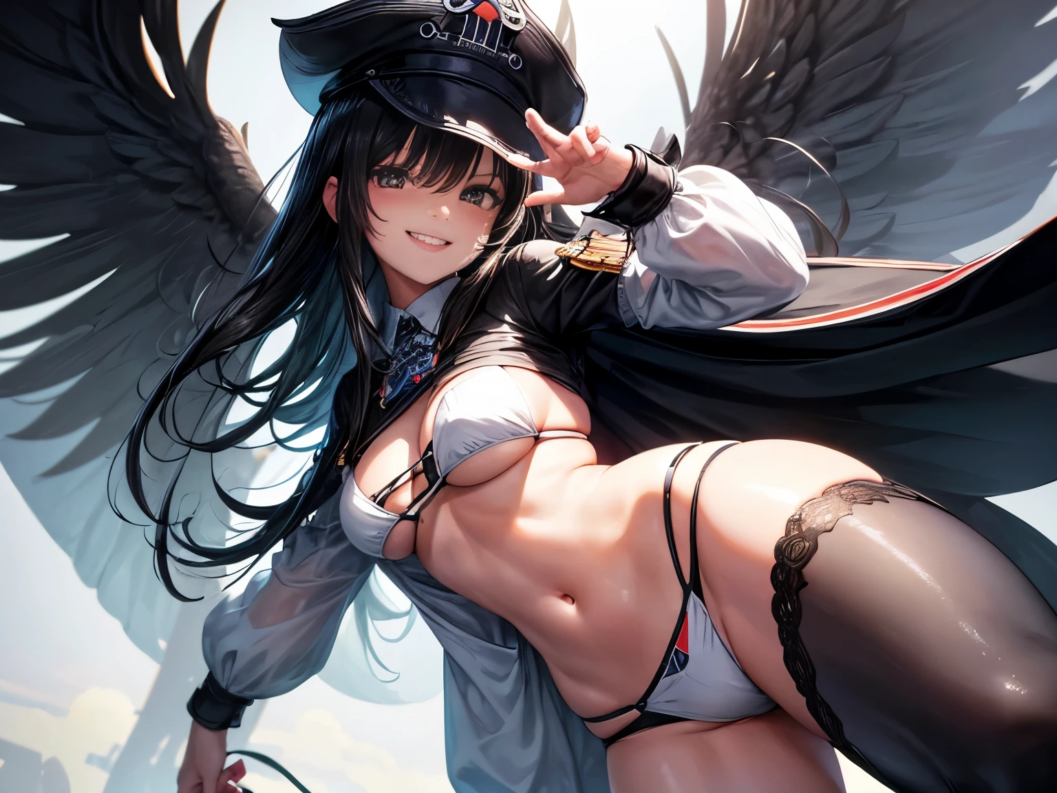 absurd resolution, high resolution, (Meisterwerk: 1.4), Hyper-Detail, Young girl's messy long black hair, Schwarzer Bikini, White cap, sweet, smiling, posing