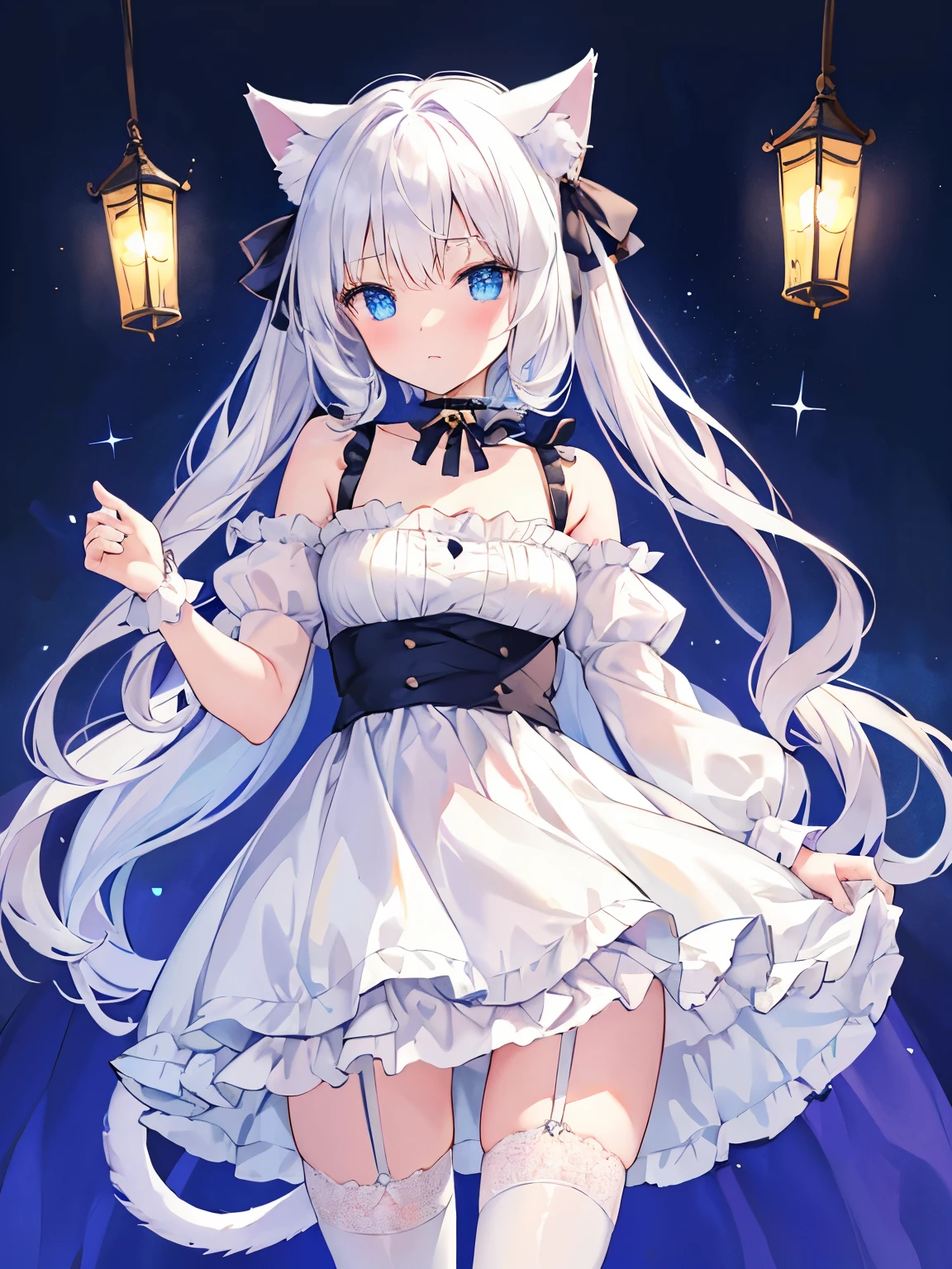masterpiece, {{{{Highest quality}}}}, beautiful,1 girl, White_hair, cat ears(White), cat tail(White), frilled choker、miniskirt_dress, No shoulder strap, bare_shoulders, garter belt,garter straps