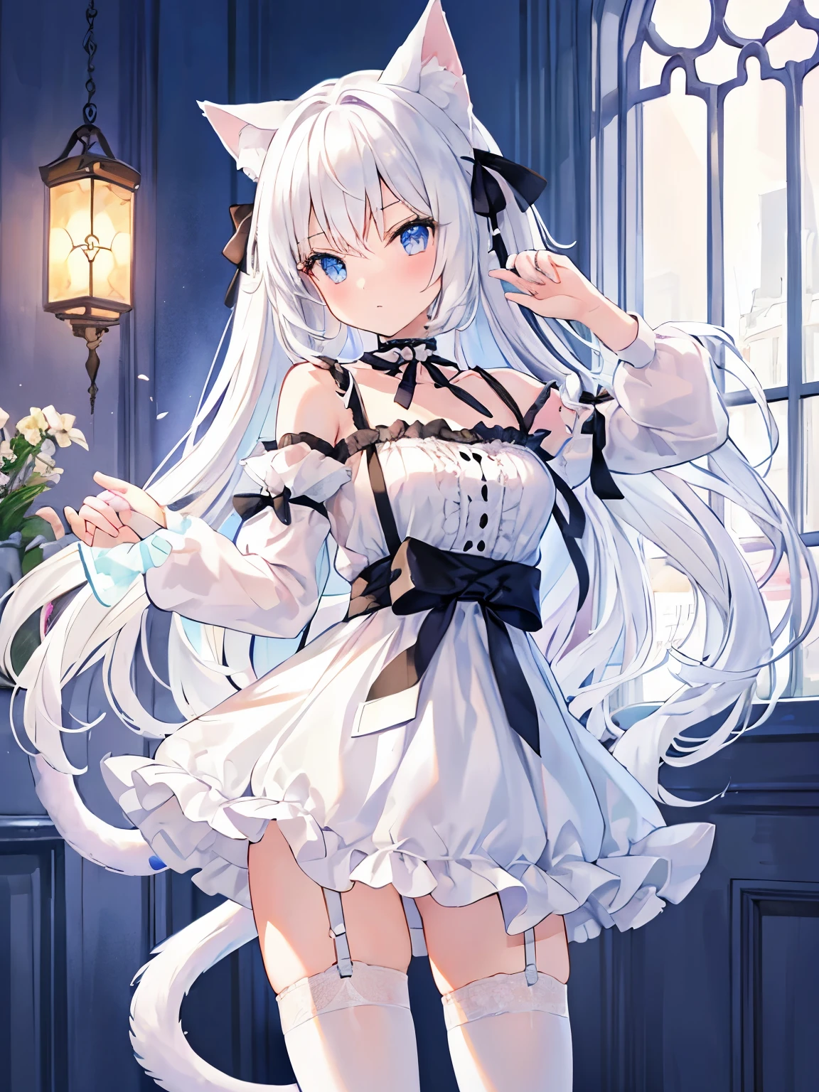 masterpiece, {{{{Highest quality}}}}, beautiful,1 girl, White_hair, cat ears(White), cat tail(White), frilled choker、miniskirt_dress, No shoulder strap, bare_shoulders, garter belt,garter straps