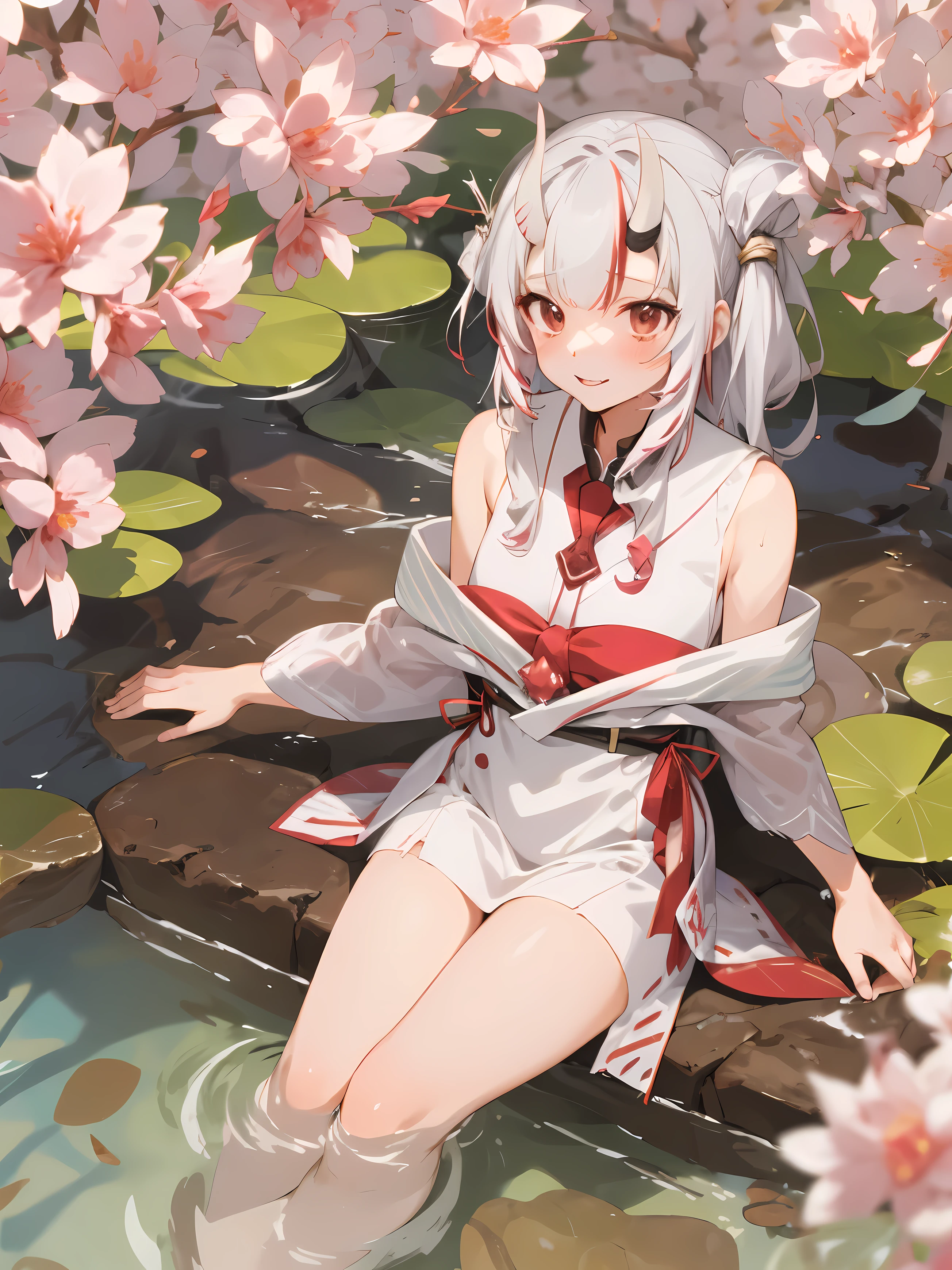 anime girl in a white dress sitting in a pond of water, shikamimi, shirabii, official artwork, sakura kinomoto, anime cover, white haired deity, at pixiv, sakimi chan, けもの, , pixiv contest winner, negao, artbook artwork, artbook, guweiz