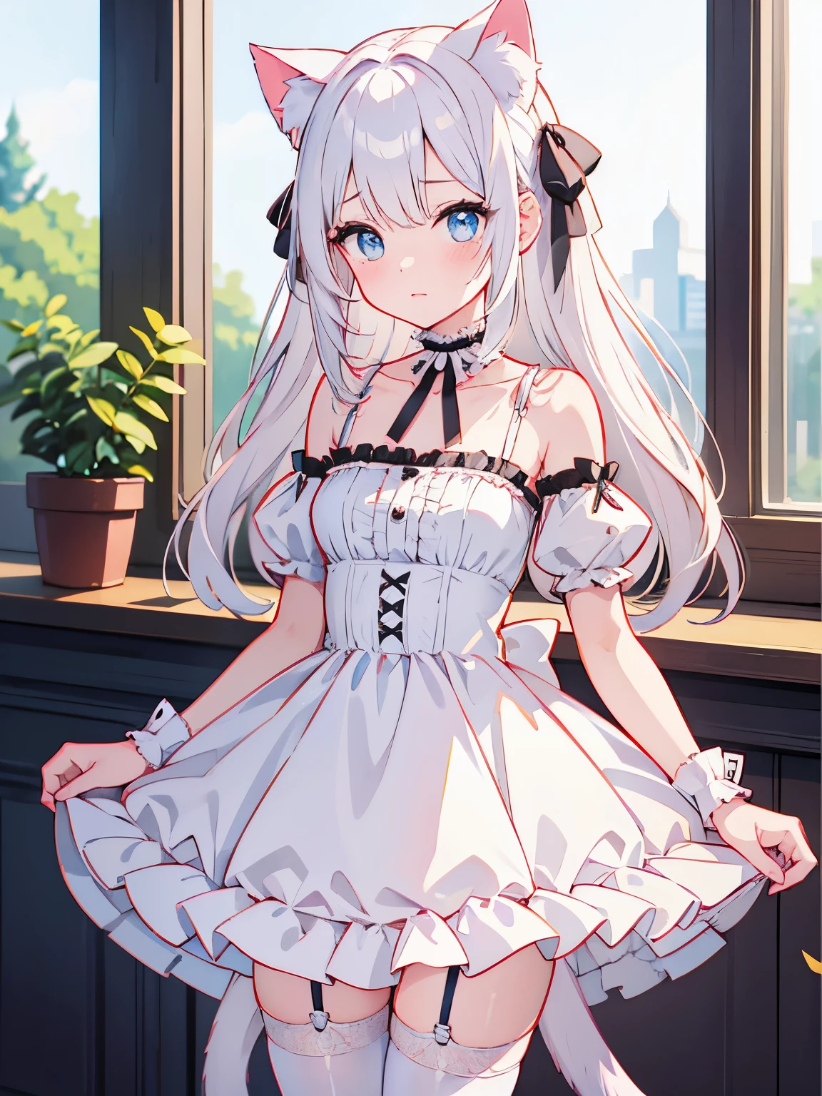 masterpiece, {{{{Highest quality}}}}, beautiful,1 girl, White_hair, cat ears(White), cat tail(White), frilled choker、miniskirt_dress, bare_shoulders, garter belt,garter straps