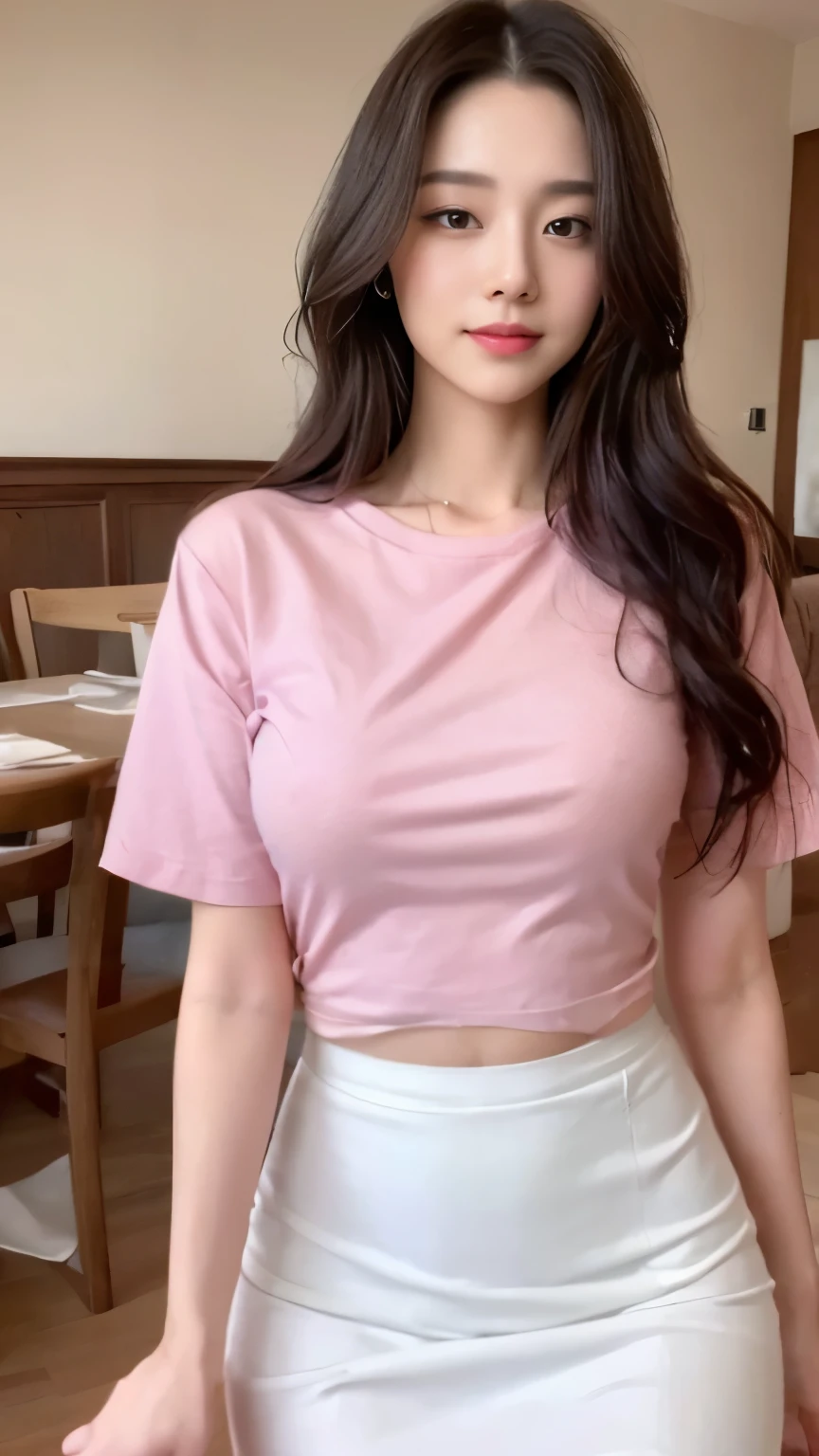 ((top-quality、8k、masterpiece:1.3))、Beautiful woman with perfect body:1.4、slim abdomen:1.2、Longhair, normal breast, Highly detailed facial and skin texture, A detailed eye, delicate eyes, double eyelid, (smile), (full body shot), ((restaurant)), (sitting on chair), (((wearing pink t-shirt with white skirt 1.1))), looking in front