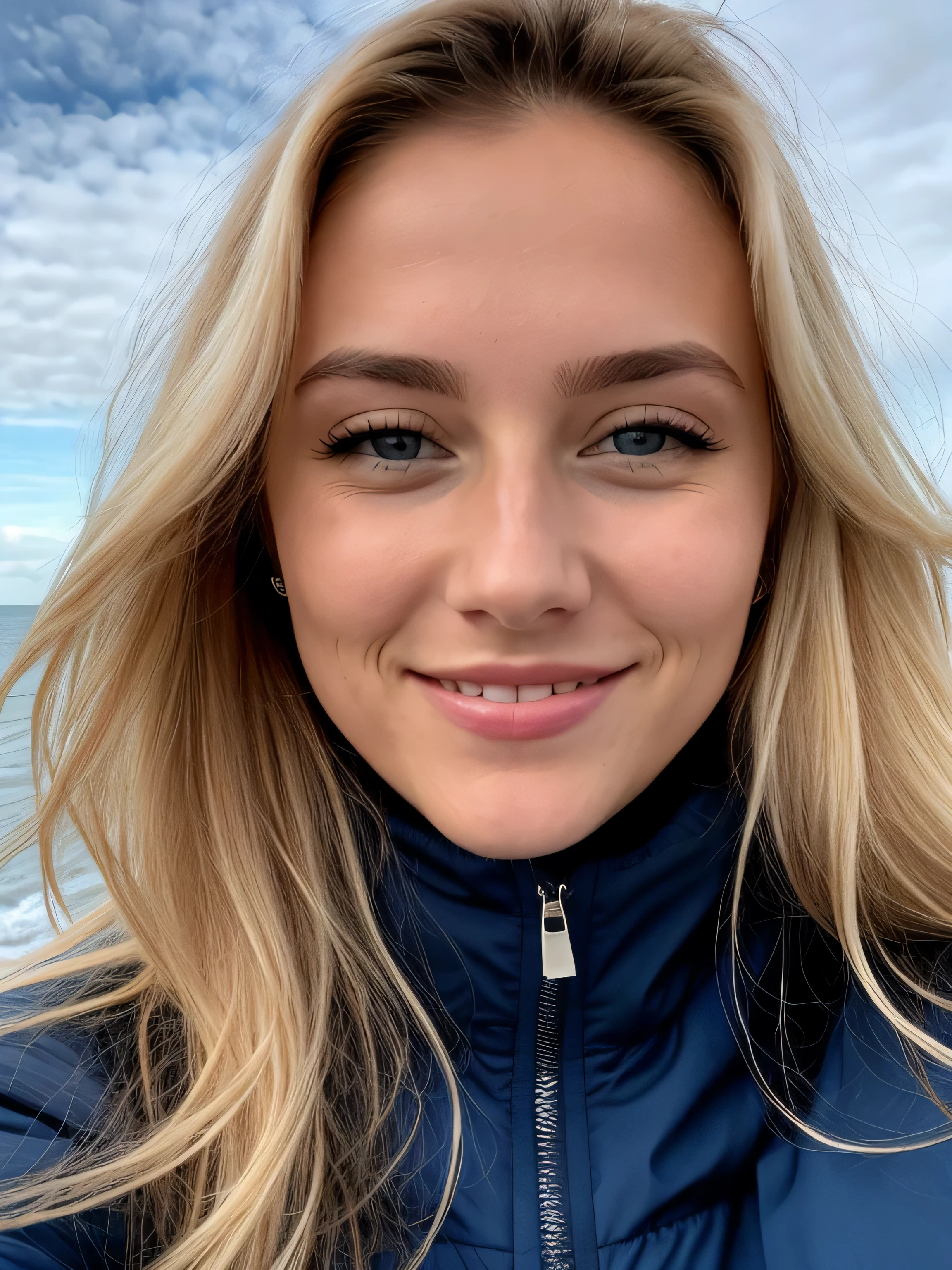 une femme blonde souriante de 23 ans fait un selfie en plein air au bord de la mer, Très beau temps, on voit la mer en arrière-plan, la mer couvre tout le fond, grand ciel bleu ensoleillé, Photoréalisme, Cheveux blonds with the racines châtain clair, cheveux blond, Cheveux avec des racines brunes, yeux bleus, belle femme, vue de face, Très gros plan du visage, zoom sur le visage, un blouson d'hiver noir, Haute qualité, selfie