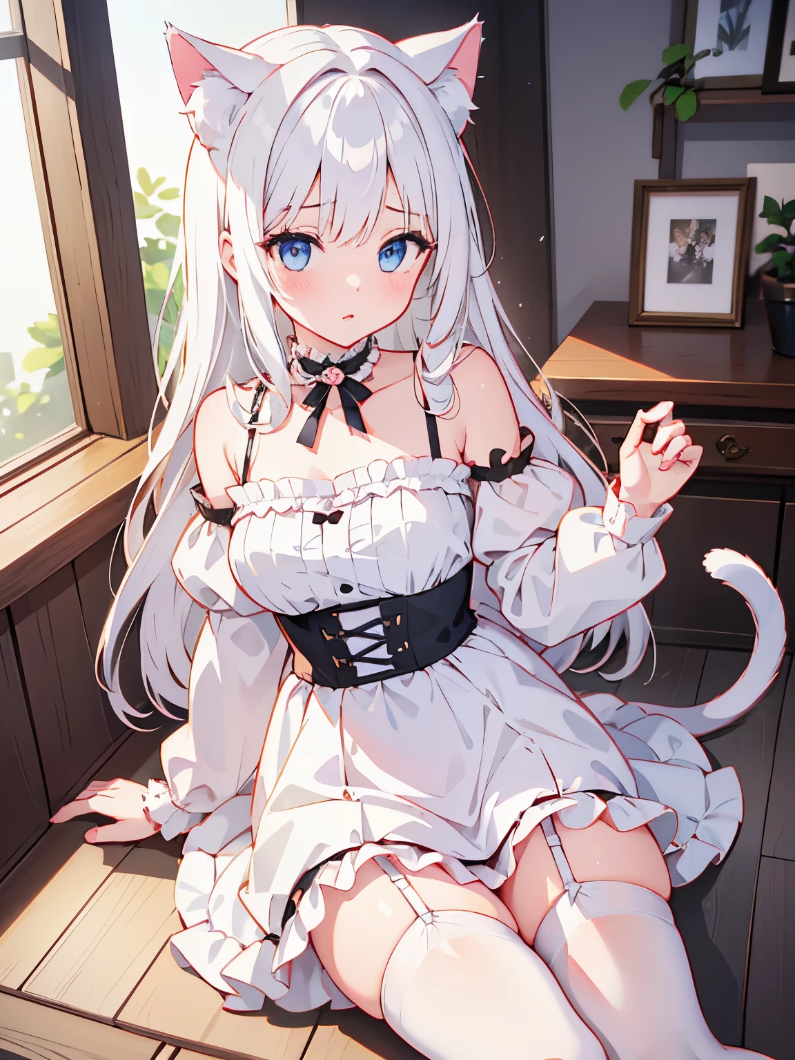 masterpiece, {{{{Highest quality}}}}, beautiful,1 girl, White_hair, cat ears(White), cat tail(White), frilled choker、miniskirt_dress, bare_shoulders, garter belt,garter straps