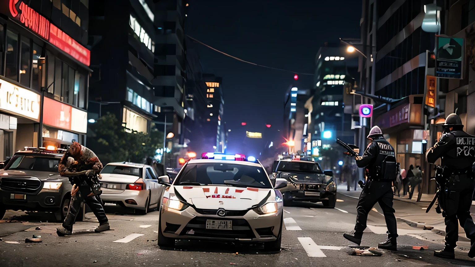 Zombie pigs with white eyes and dirty body walking on a street with skyscrapper and broken cars, there are police officers pointing their firearm at those pigs