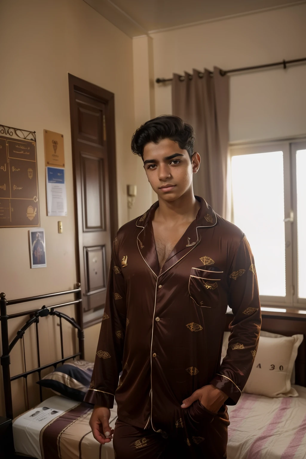 Steampunk Alexandria, Egypt, 2031. ((((16-year-old)) Dario Santiago)), spaniard boy, bronzed, dark hair, good-looking, in a ((student bedroom dorm)), ((sad and scared expression)), shirtless, hands to his face. ((((silk bottom of pyjammas from the 2030s)))) ((hairstyle of the 2030s))