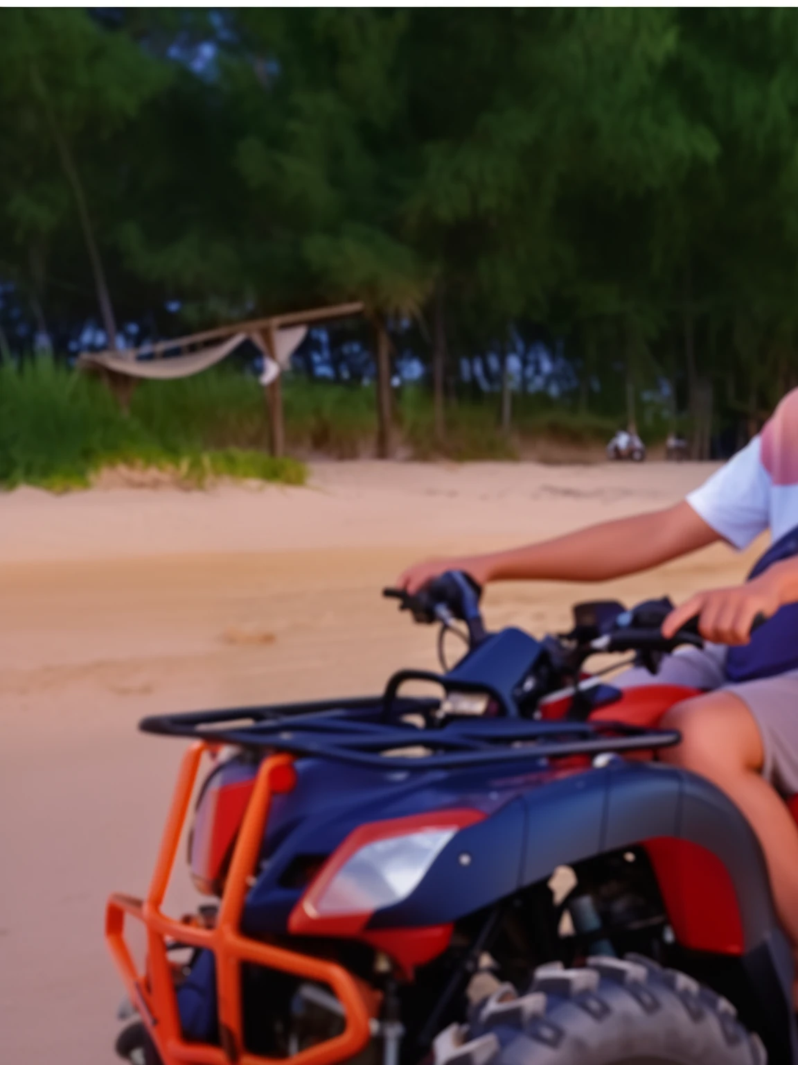 there are two people riding on a four wheeler atv on the beach, couple, lovely couple, on beach, off - road, off-roading, buggy, with sunset, happy couple, full protrait, background blur, 2 people, on the sand, on a beach, profile picture, at the beach, on the beach, photoshot, female beauty