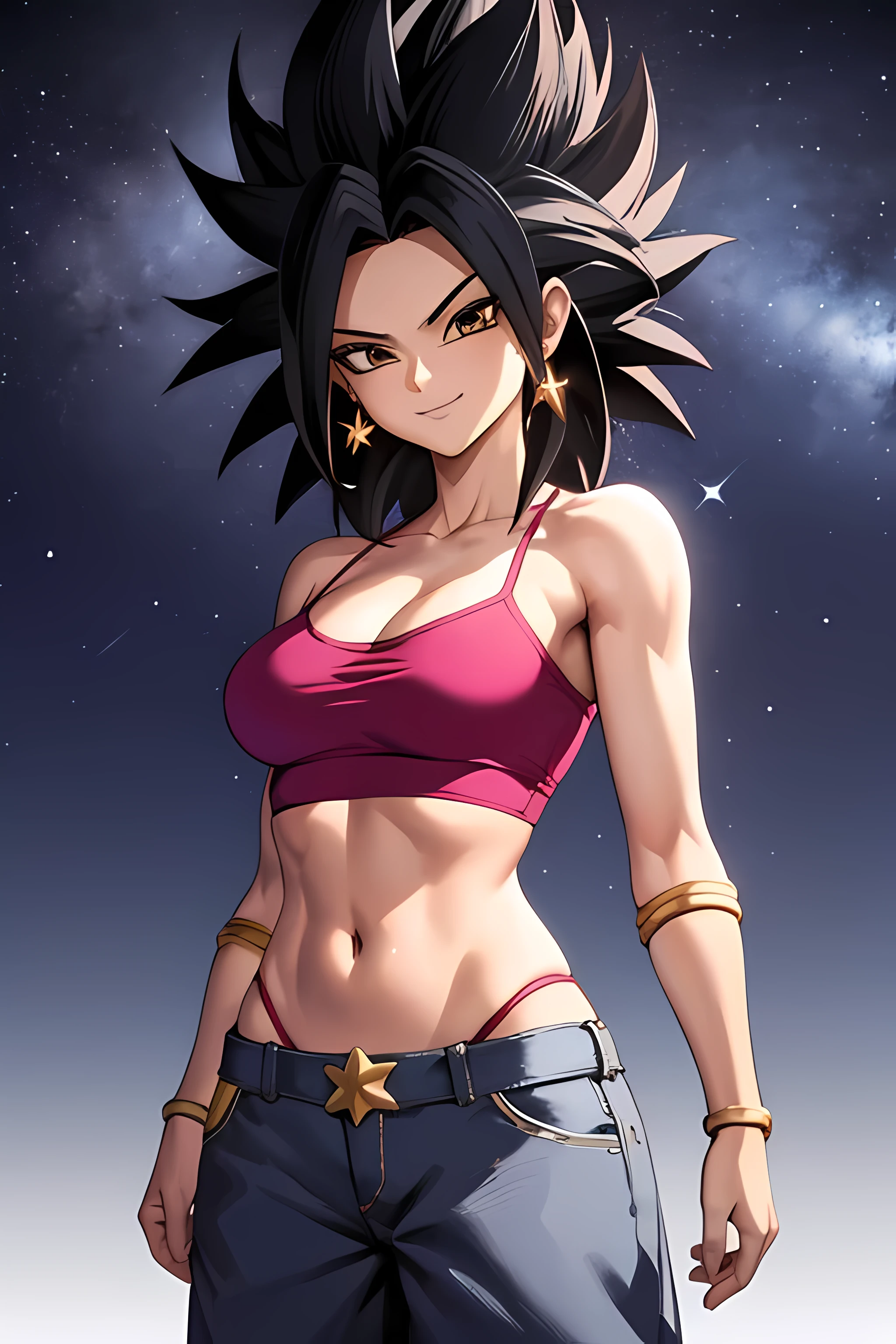 centered, award winning upper body portrait, cowboy shot, (looking at viewer:1.2), | solo, standing, smile, smug, Caulifla_DB, bare shoulders, midriff, baggy pants, | space, stars, planet, | bokeh, depth of field, cinematic composition, | dynamic pose,