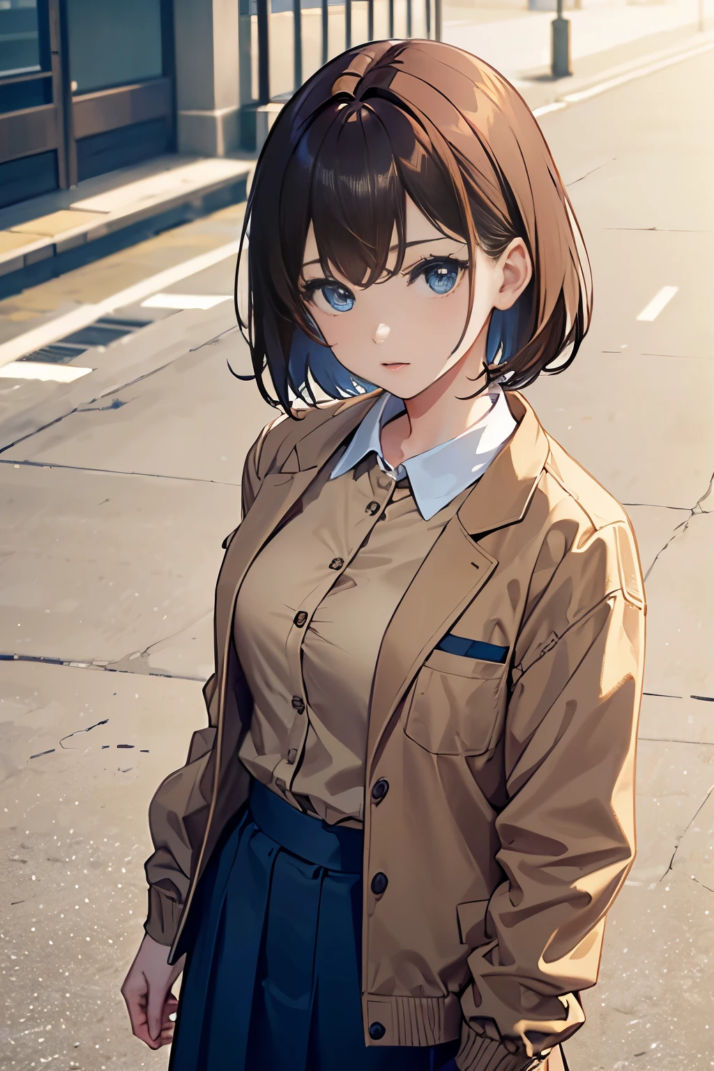 Shooting from above、masterpiece、 top-quality、19 year old woman,Brown hair ,short-cut、 (Wearing a Beige jacket:1.5)、Pink blouse、blue skirt、is standing、Upper body is shown、Alone、