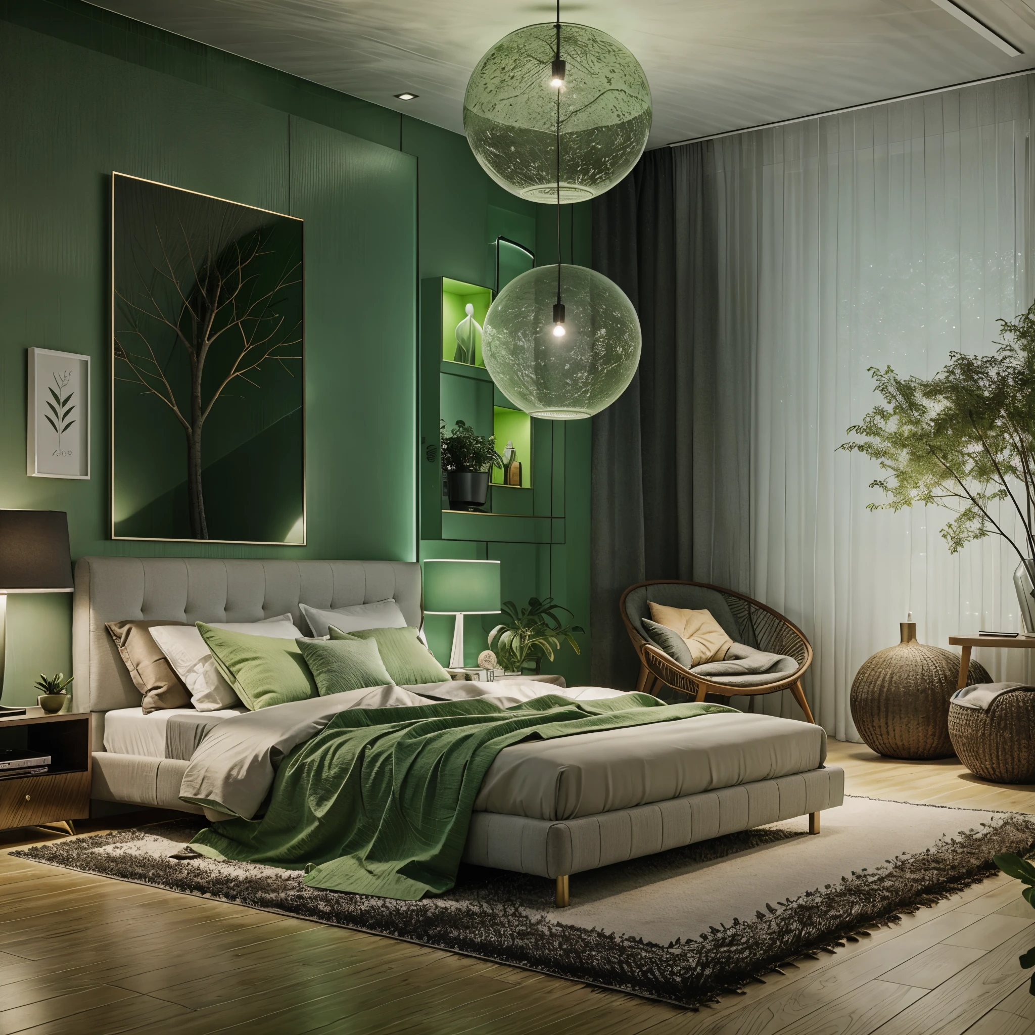 Beautifully designed modern bedroom with warm green color tones. The room features ambient LED lighting, wall-mounted lamps, and captivating wall art. The rendering is done in high-quality CGI, ensuring a realistic and detailed representation.