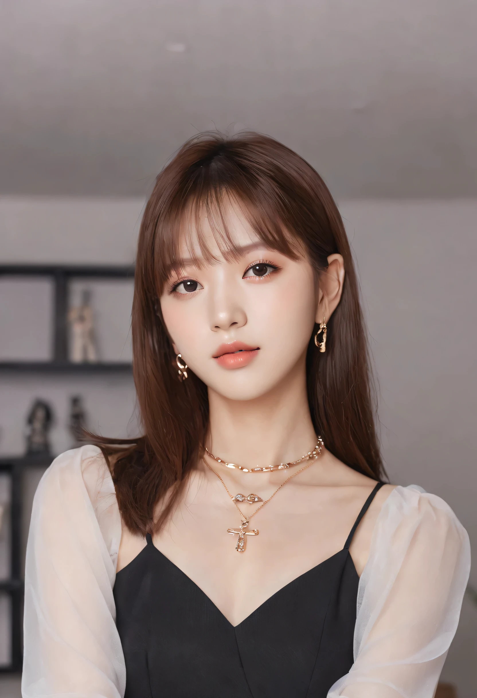 xxmixgirl,a woman in a black dress posing for a picture, 「oh、prismatic person, kpop style colors, Shot at night with studio lights, neck chain, inspired by Wang Yuanqi, brown hair with bangs, 1:1 Album artwork, Streaming on Twitch, plastic doll, Lisa, glamorous angel digimon,((classroom:1.3))、fiery idol pose