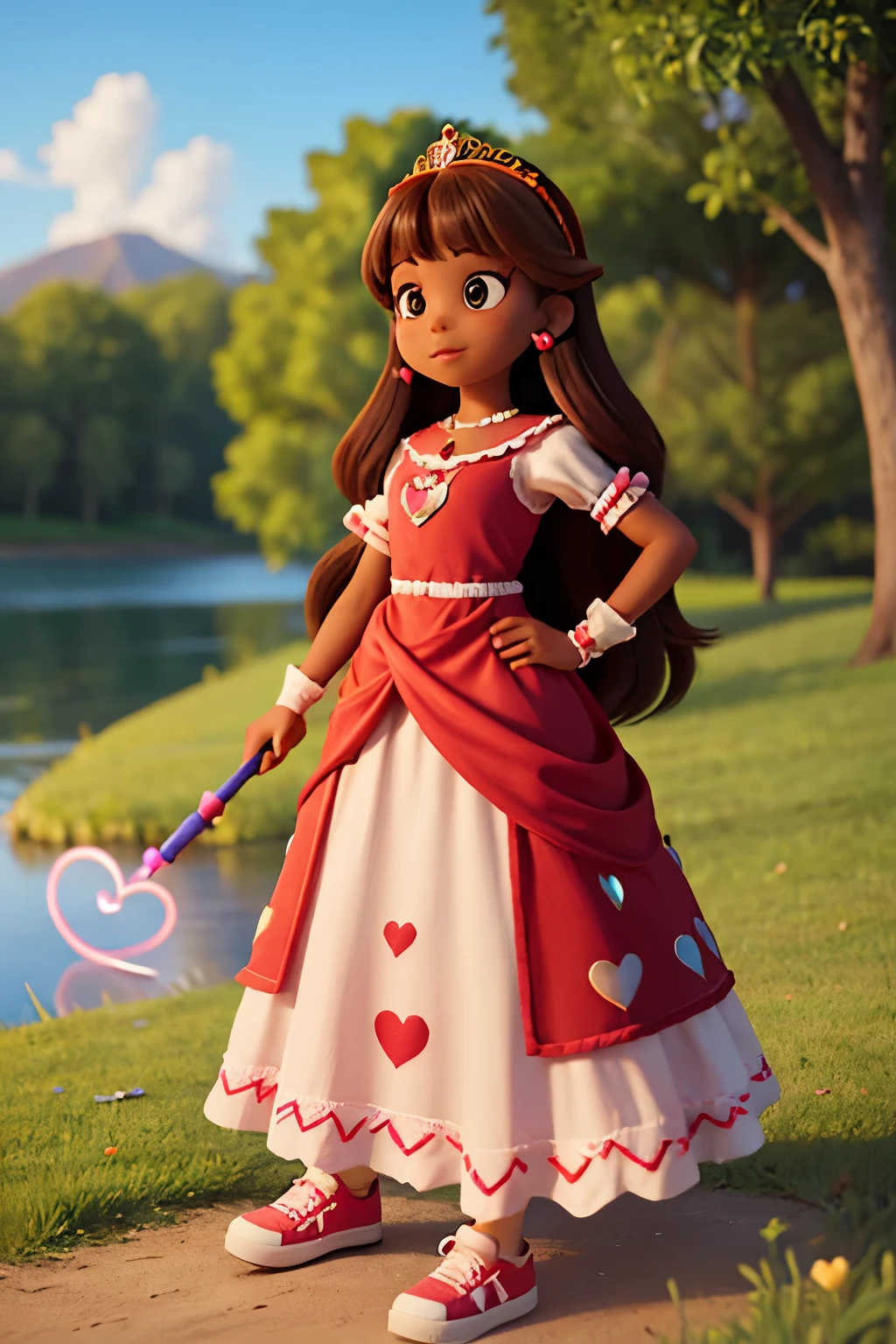 seven year girl, brown skin, dressed like a disney princess, Long dress embroidered with hearts, Long hair parted in the middle without bangs, with a magical wand in right hand, red High-top sneakers, a tiara adorned with heart shape rubi, In a grassy park, and a lake in the background