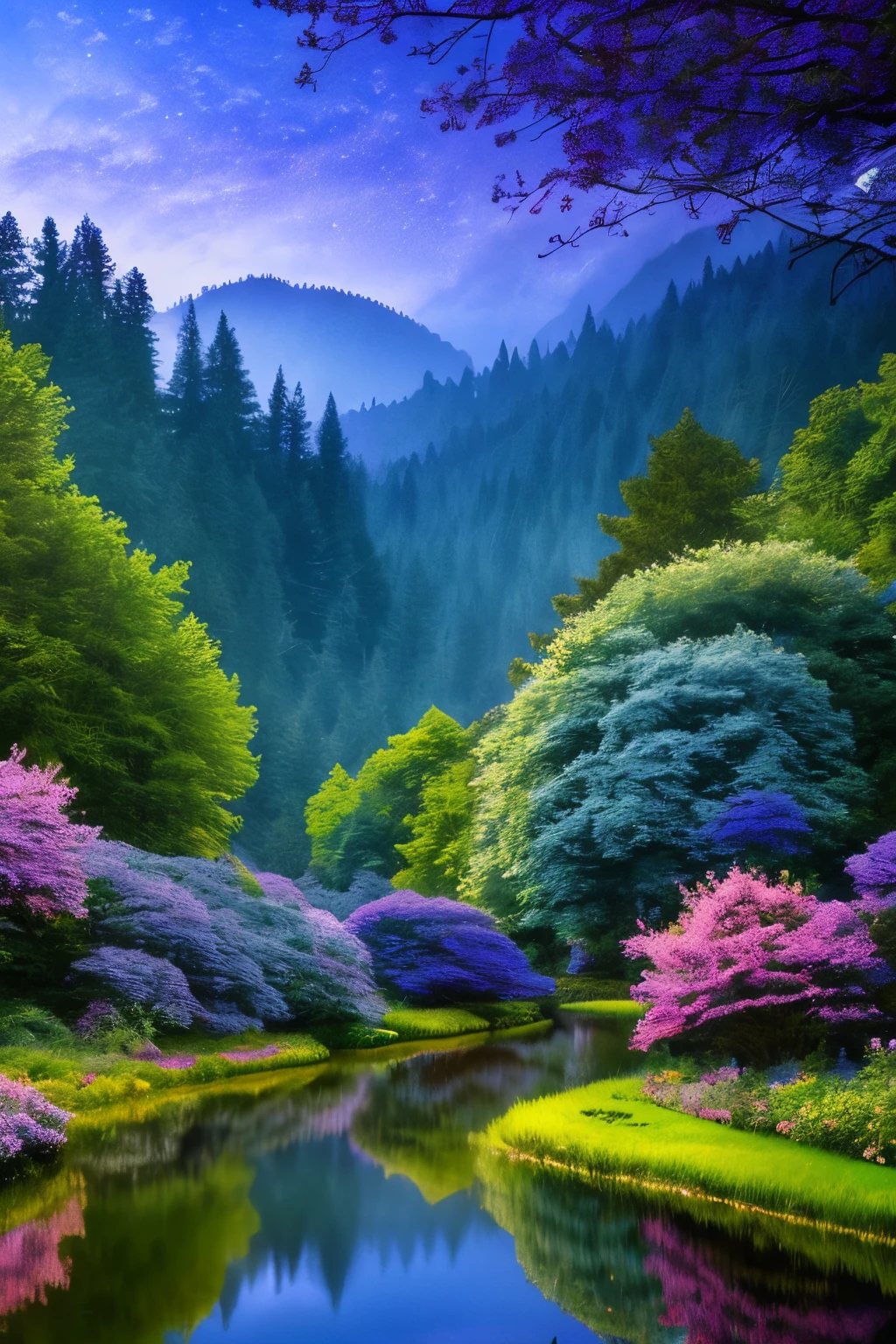 masterpiece, best quality, high quality, extremely detailed 8k wallpaper, An enchanting and dreamy scene of a fantasy forest, with towering trees, glowing mushrooms, and hidden fairy glens, creating a sense of mystique and enchantment, intricate, trending, award winning photography, Depth of Field, HDR, bloom, extremely detailed, Intricate, High Detail, dramatic, lots of blues and purples