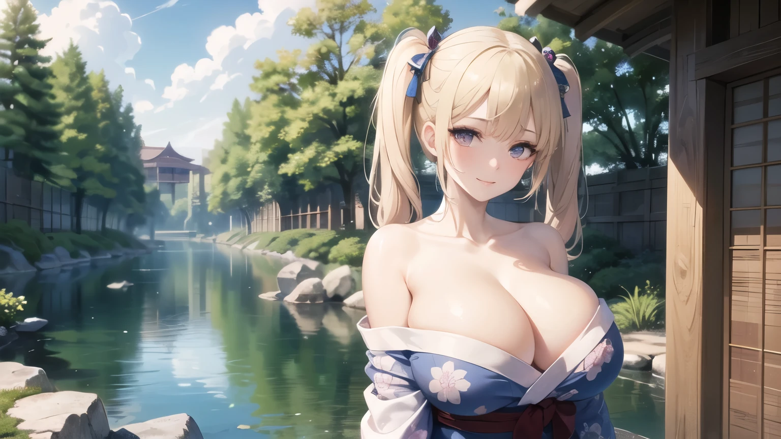 (((masterpiece, best quality))), (((superior quality))), cute girl, ((extremely detailed girl)), ((huge breasts)), (yukata), (bare shoulders), strapless top, slight smile, twin tail blonde