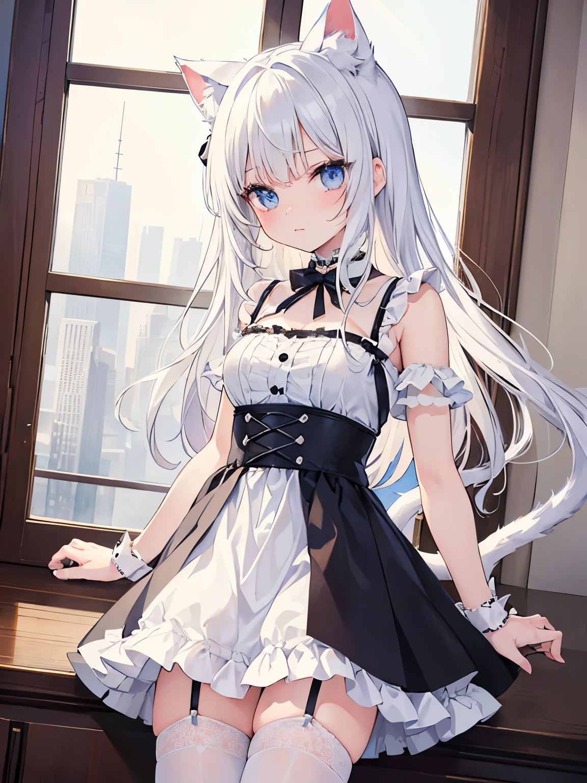 Silver-haired blue eyes、 girl、small breasts、twin tails、Nico Nico Smile、Looks about 15 years old、Petan Musume、lingerie、 girl、accessories、ear piercing、cute hair pin、hair ornaments、Gal-like、look of temptation、Cat ear