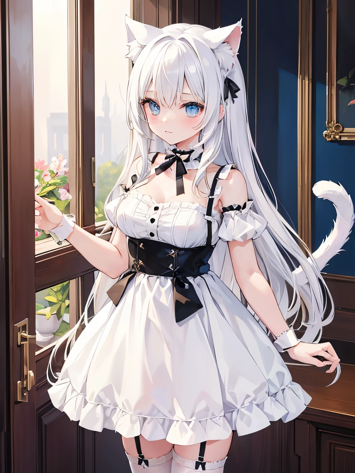 masterpiece, {{{{Highest quality}}}}, beautiful,1 girl, White_hair, cat ears(White), cat tail(White), frilled choker、miniskirt_dress, bare_shoulders, garter belt,garter straps