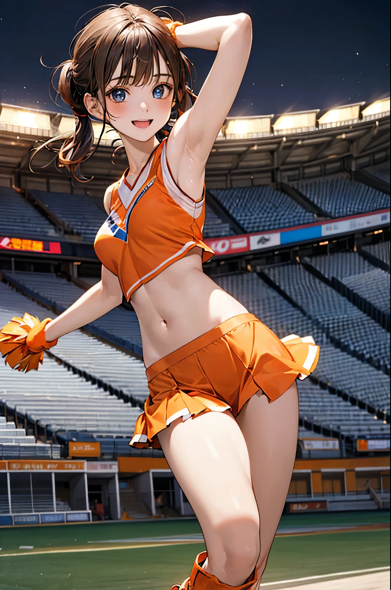 (masterpiece:1.2, top-quality), (realistic, photorealistic:1.4), beautiful illustration, (natural side lighting, movie lighting), depth of fields, back lighting,
looking at viewer, 1 girl, japanese, high chool girl, , perfect face, cute and symmetrical face, shiny skin,
(middle hair, low twintails, light brown hair), asymmetrical bangs, blue eyes, long eye lasher, (medium breasts), cute round face, beautiful make up,
beautiful hair, beautiful face, beautiful detailed eyes, beautiful clavicle, beautiful body, beautiful chest, beautiful thigh, beautiful legs, beautiful fingers,
((sleeveless orange cheerleader:1.2), boots),
(beautiful scenery), evening, (stadium background:1.2), extremely cute, arm up, armpits, (lovely smile, open mouth),
