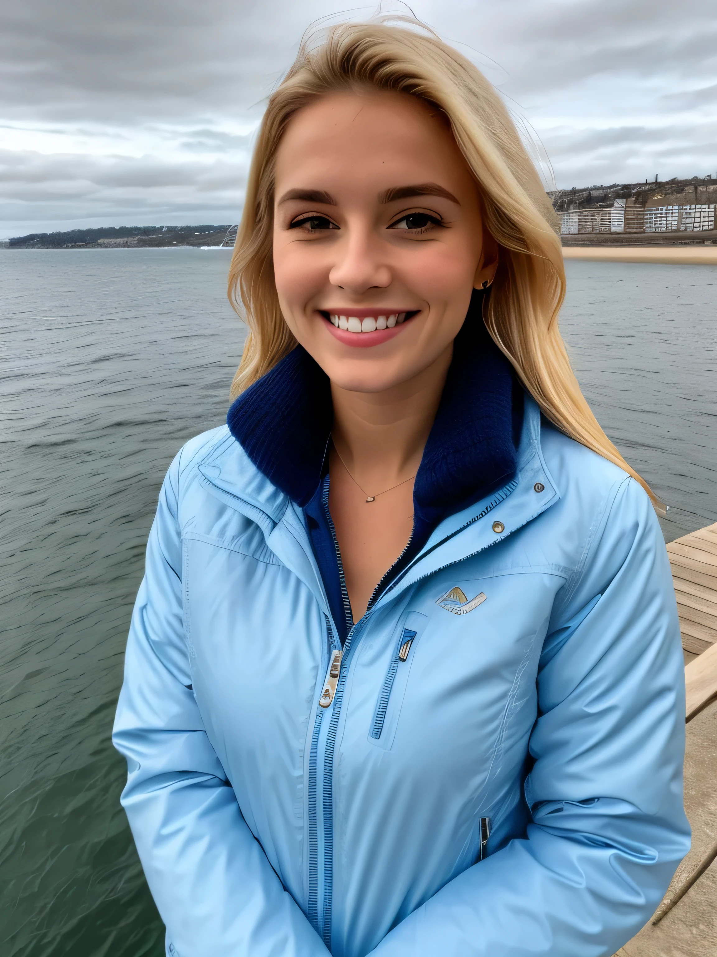une femme blonde souriante de 23 ans fait un selfie en plein air au bord de la mer, Très beau temps, on voit la mer en arrière-plan, la mer couvre tout le fond, grand ciel bleu ensoleillé, Photoréalisme, Cheveux blonds with the racines châtain clair, cheveux blond, Cheveux avec des racines brunes, yeux bleus, belle femme, vue de face, un blouson d'hiver bleu, Haute qualité, selfie
