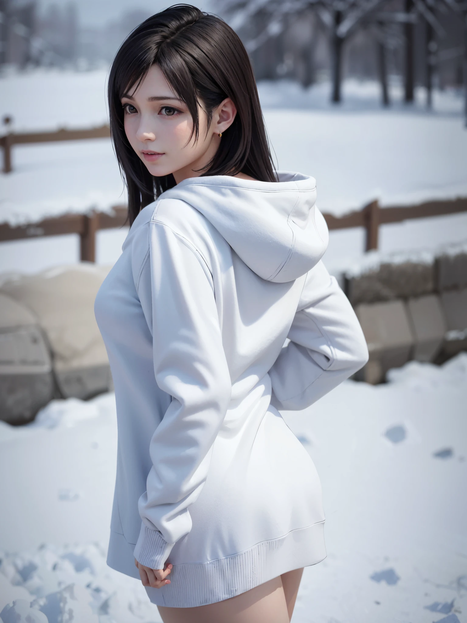 (top quality, masutepiece: 1.1), (Realistic: 1.3), BREAK (((FF7,Tifa_lockhart))),(solo,Tifa:1.2),(oversized large white hooded hoodie:1.3,long sleeve:1.2,shirt dress:1.3) ,(from side:1.2 ,back ),(japan,sibuya,city, outdoor,hard snow:1.2),(erotic pose:1.1,nogizaka idol),Ultra-detailed face, Detailed eyes,Red eyes, BREAK (((FF7,Tifa_lockhart))),(black brown hair, Large breasts: 1.0), BREAK (no bra),(no panties),About 18 years old,kawaii,shy:1.1,cowboy shot, In the snow,Snow falls,I want to make love to you ,she shyly confessed