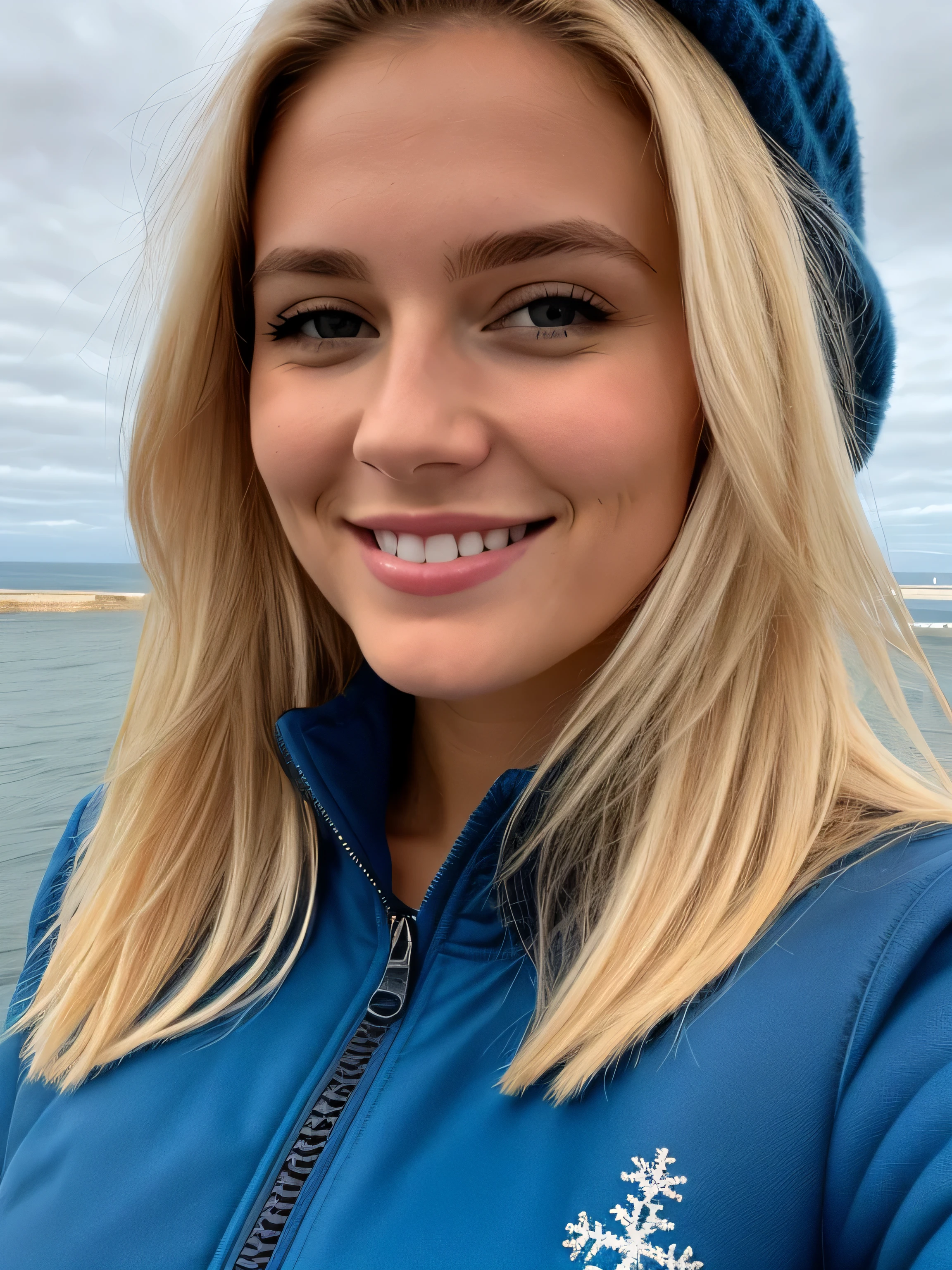 a 23 year old blonde woman takes a selfie in Nice with the Promenade des Anglais in the background, we see the sea in the background, 50mm f/2.8, Photorealism, Blonde Hair with Light Brown Roots, cheveux blond, Cheveux avec des racines brunes, Very long hair, yeux bleus, belle femme, vue de face, Extreme close-up of the face, zoom sur le visage, un blouson d'hiver ???? avec une capuche avec des poils, high quality, selfie, profondeur de champ courte