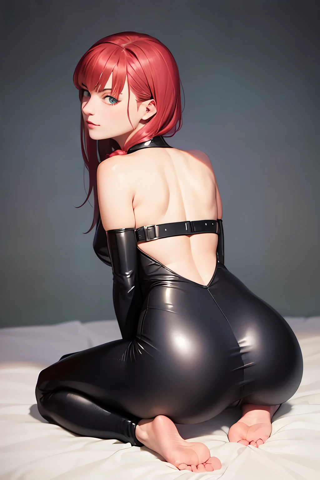 Meisterwerk, (realistisch), high-res, hochdetailliert, kompliziert, Beautiful women, rote Haare, blaue Augen, Sommersprossen, detailliertes Gesicht, tight catsuit, from behind, looking at viewer, showing ass, smile, roped, tied up, bondage, on bed, Makima, on all fours, big ass