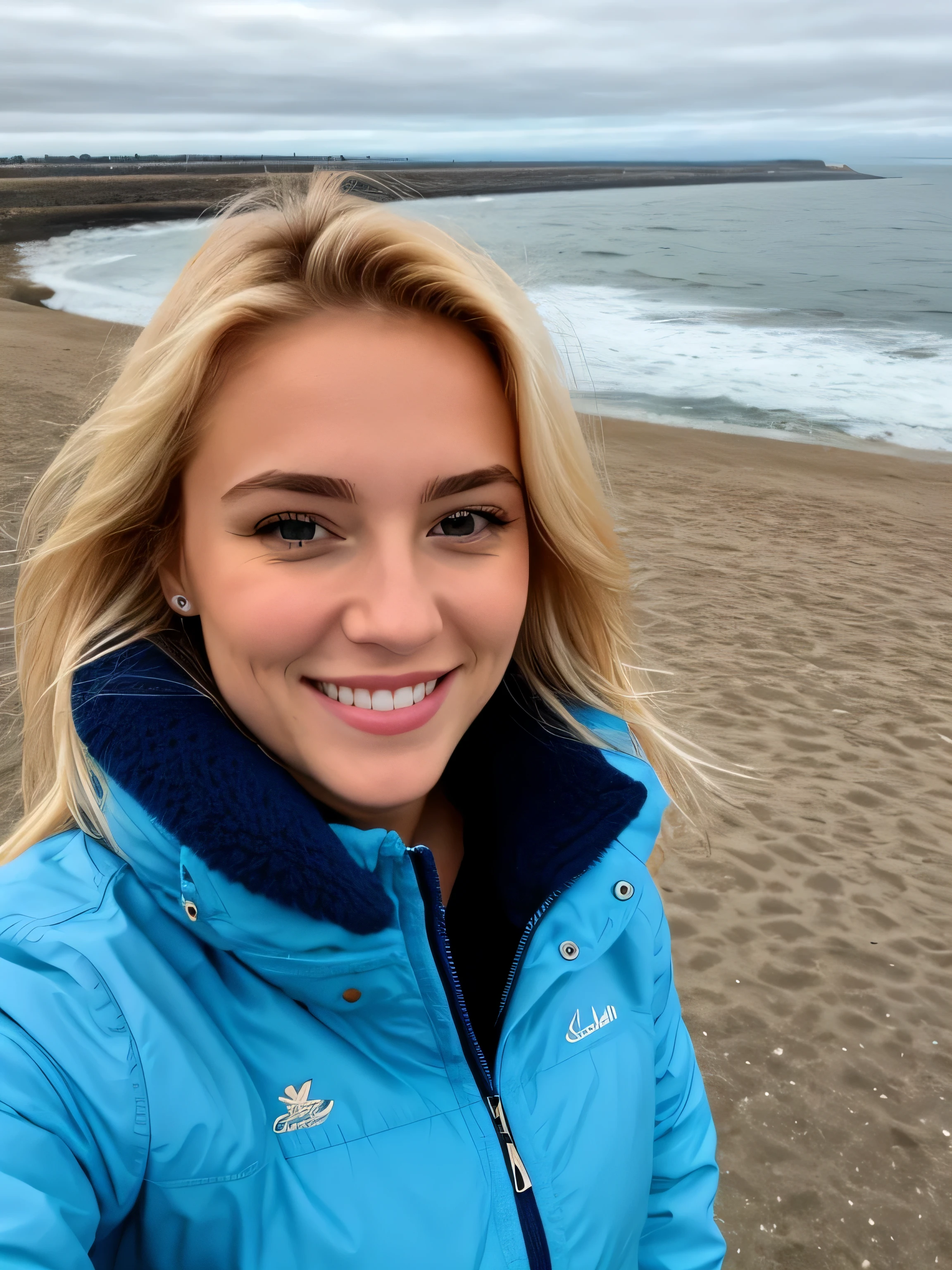 une femme blonde souriante de 23 ans fait un selfie en plein air au bord de la mer, Très beau temps, on voit la mer en arrière-plan, la mer couvre tout le fond, grand ciel bleu ensoleillé, Photoréalisme, Cheveux blonds with the racines châtain clair, cheveux blond, Cheveux avec des racines brunes, yeux bleus, belle femme, vue de face, un blouson d'hiver bleu, Haute qualité, selfie