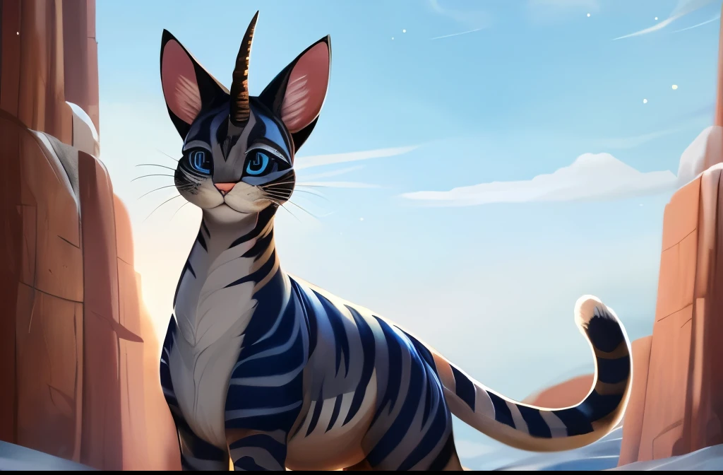 A anthro sauropod like mammal, ((name is Centauri))
Standing in a height of 18 feet, or more,
Having 1 horn on my forehead, and one at the back, blue and white fur and red stripes,
A cute and adorable.
(((high quality))) ((((Centauri cat guardian)))) 