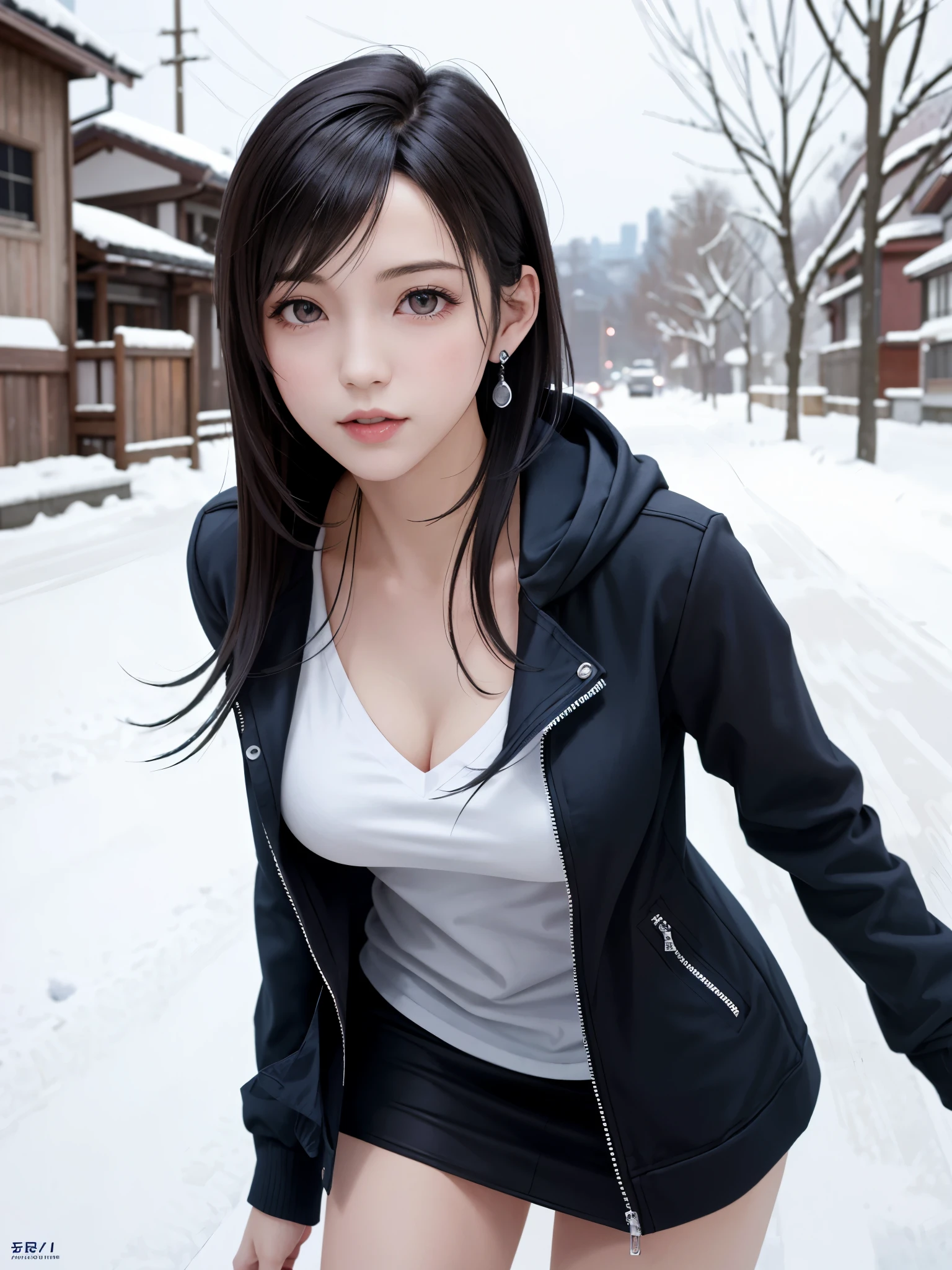 (top quality, masutepiece: 1.1), (Realistic: 1.3), BREAK (((FF7,Tifa_lockhart))),(solo,Tifa:1.2),(oversized large white hooded hoodie:1.3,long sleeve:1.2,shirt dress:1.3) ,(japan,sibuya,city, outdoor,hard snow:1.2),(erotic pose:1.1,nogizaka idol),Ultra-detailed face, Detailed eyes,Red eyes, BREAK (((FF7,Tifa_lockhart))),(black brown hair, Large breasts: 1.0), BREAK (no bra),(no panties),About 18 years old,kawaii,shy:1.1,cowboy shot, In the snow,Snow falls,I want to make love to you ,she shyly confessed