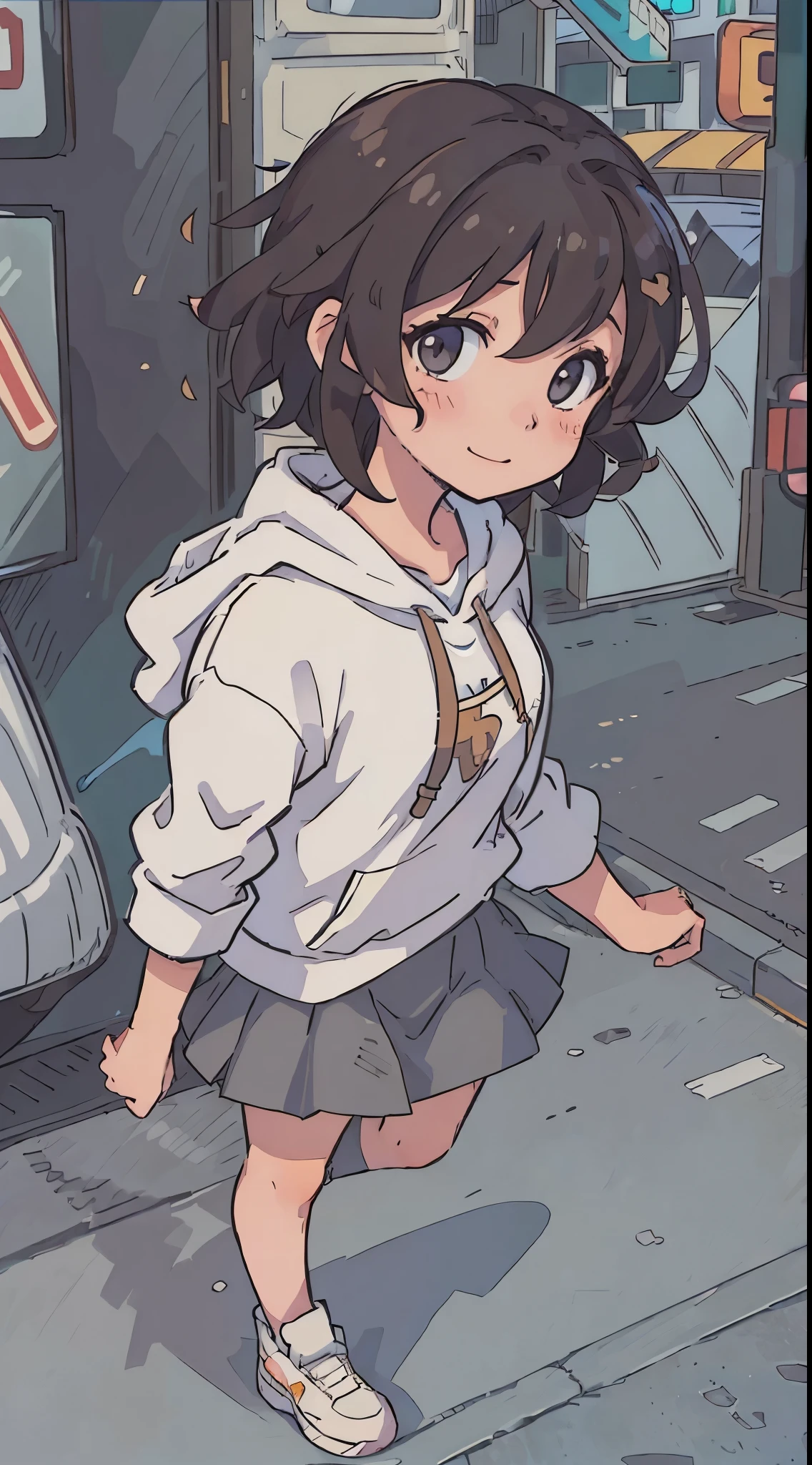 (best quality:0.8) perfect anime illustration, a pretty, happy  with short curly brown hair on the street in the city, wearing a hoodie, skirt