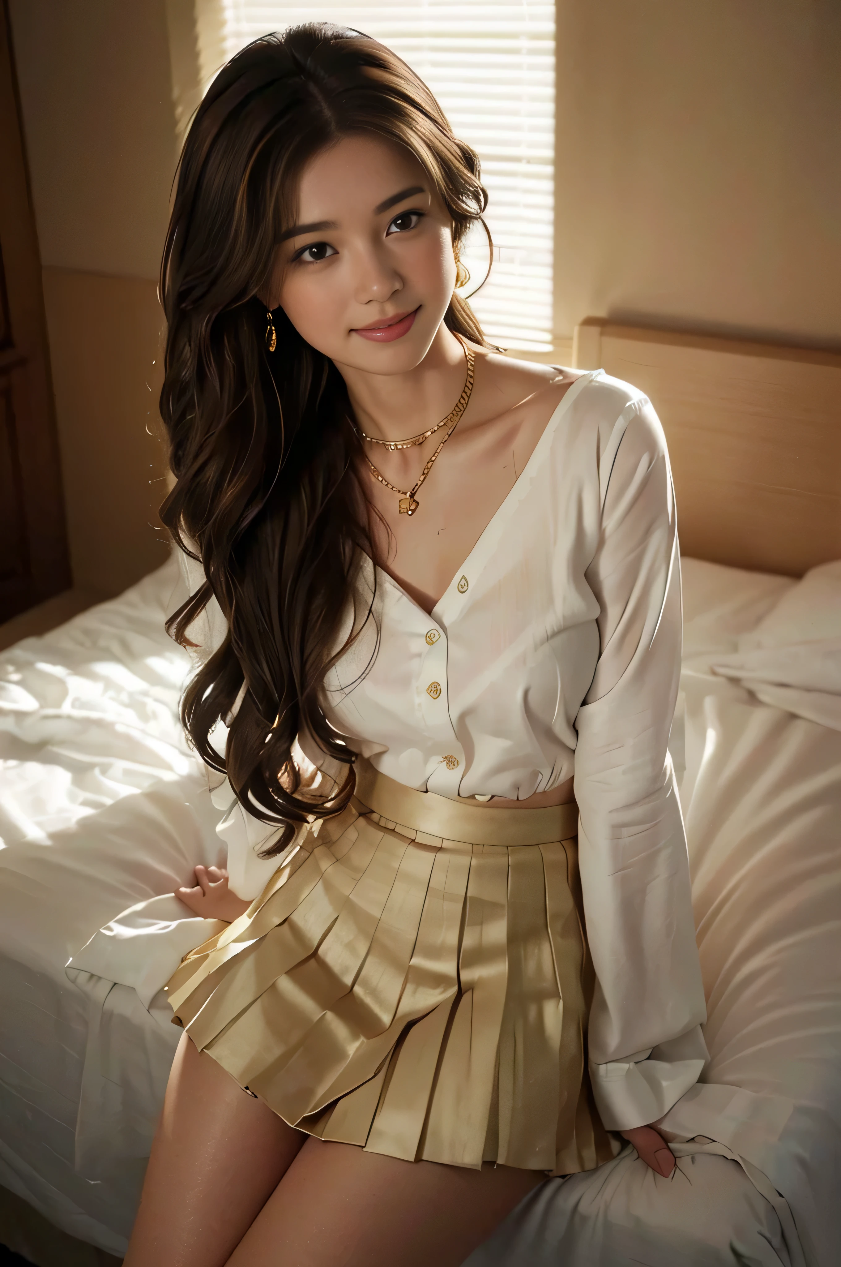 ((beautiful girl:1.3))((Super long brown hair:1.4)),((((loosely wavy hair:1.3)), ((shy smile:1.3)),((gold necklace_big earrings:1.2)),((university student:1.3)),((White pleated mini skirt:1.3)),((black long sleeve button shirt_with collar)),((in a hotel bed_Lying_legs tightly closed:1.3))((thin_fabric:1.4)) ((Are standing_Waiting for people:1.3)) (sweaty:1.5))((face flushed:1.4)) ((medium breasts:1.4)) ((Close-up:1.2)) highest quality、masterpiece、ultra high resolution、(photorealistic:1.4)、Raw photo、(real skin texture:1.3)、(film grain:1.3)、panorama、character portrait、very wide shot、narrow waist、cowboy shot、(in the dark、deep shadow、moderate、in the cold light、)night、(())、flowing tears、dust、Tyndall effect、(expression),1girl,beautiful detailed eyes and face,white jabot,brown eyes,((brown hair:1.2)) ((whole body:1.3))