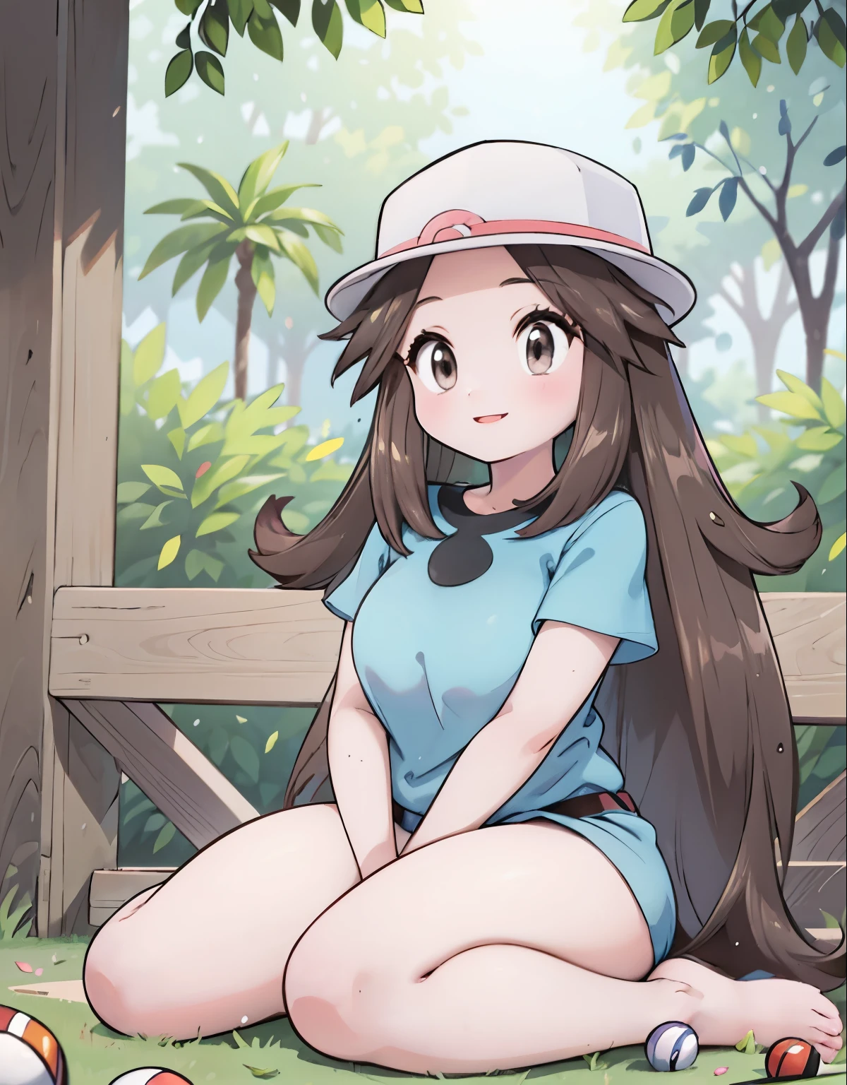 leaf Pokemon, full body, curvy body, beautiful detailed eyes, beautiful detailed lips, long eyelashes, visible thighs, thick thighs, sitting, knees together, smile, in a public park, pokemon, vibrant colors, soft lighting, (best quality, 4k, highres, masterpiece:1.2), ultra-detailed, realistic:1.37, professional, vivid colors, concept artists style, soft light, vibrant colors, dusty pink color tone