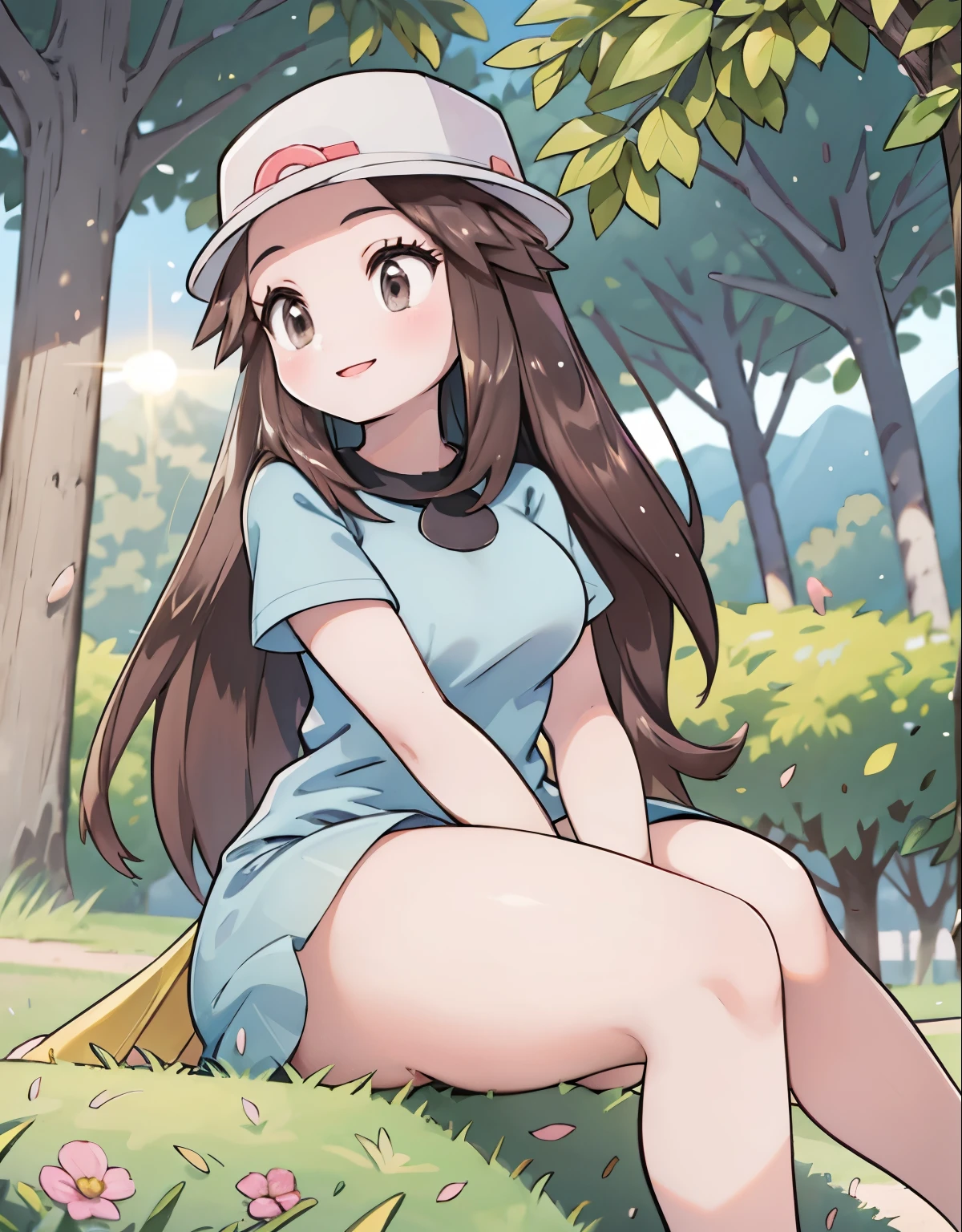 leaf Pokemon, full body, curvy body, beautiful detailed eyes, beautiful detailed lips, long eyelashes, visible thighs, thick thighs, sitting, knees together, smile, in a public park, pokemon, sunset, vibrant colors, soft lighting, (best quality, 4k, highres, masterpiece:1.2), ultra-detailed, realistic:1.37, professional, vivid colors, concept artists style, soft light, vibrant colors, dusty pink color tone