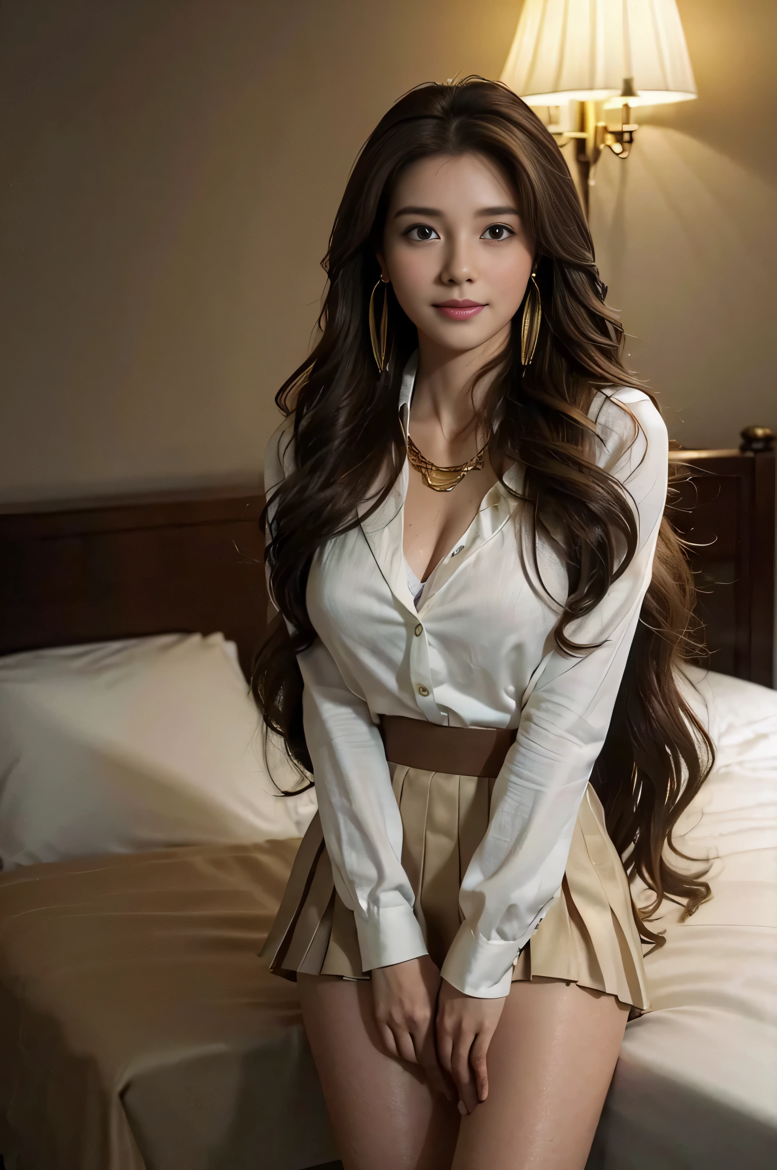 ((beautiful girl:1.3))((Super long brown hair:1.4)),((((loosely wavy hair:1.3)), ((shy smile:1.3)),((gold necklace_big earrings:1.2)),((university student:1.3)),((White pleated mini skirt:1.3)),((black long sleeve button shirt_with collar)),((in a hotel bed_Lying_legs tightly closed:1.3))((thin_fabric:1.4)) ((Are standing_Waiting for people:1.3)) (sweaty:1.5))((face flushed:1.4)) ((medium breasts:1.4)) ((Close-up:1.2)) highest quality、masterpiece、ultra high resolution、(photorealistic:1.4)、Raw photo、(real skin texture:1.3)、(film grain:1.3)、panorama、character portrait、very wide shot、narrow waist、cowboy shot、(in the dark、deep shadow、moderate、in the cold light、)night、(())、flowing tears、dust、Tyndall effect、(expression),1girl,beautiful detailed eyes and face,white jabot,brown eyes,((brown hair:1.2)) ((whole body:1.3))