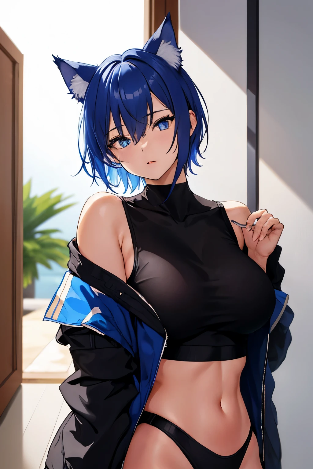 masterpiece:1.2, high quality, best quality, detailed_background,indoors,highres,neko (solution1988),black jacket,upper body,open clothes,absurdres,blue eyes,open jacket,gradient background,looking at viewer,sports bra,1girl,short hair,bare shoulders,solo,animal ears,blue hair,jacket,crop top,off shoulder,head tilt,cat ears