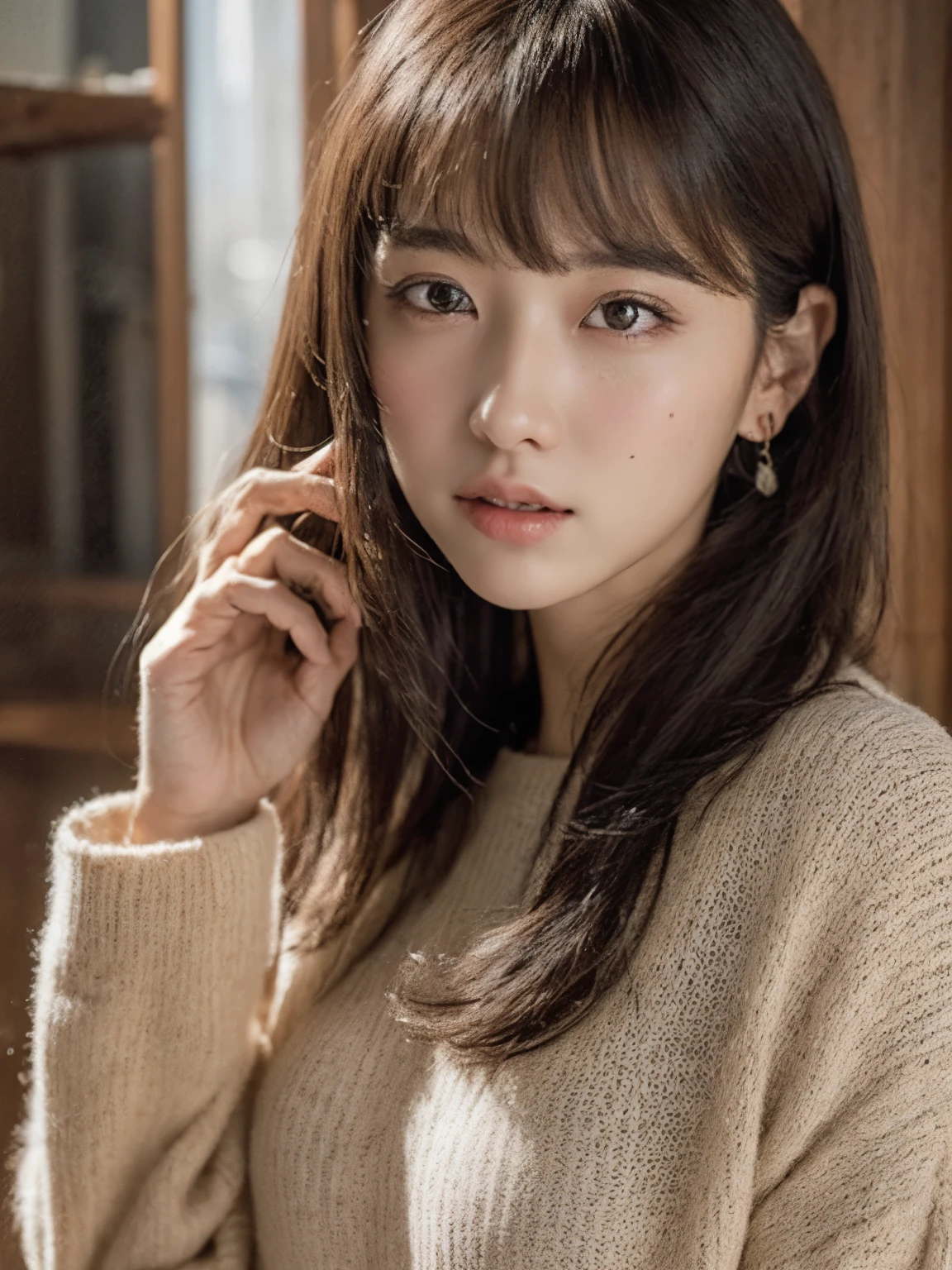(8k, RAW photos, top quality, masterpiece: 1.2), ultra detailed, super resolution, (real, real photos: 1.37), portraits, high definition RAW color photos, professional photos, very detailed and beautiful, highly detailed, 8k wallpapers, amazing details, huge file size, official art, highly detailed CG Unity 8k wallpapers, highly detailed beautiful girls, highly detailed faces, Highly Detailed Eyes, Highly Detailed Skin, Highly Detailed Fingers, Very Detailed Nose, Highly Detailed Detailed Mouth, Perfect Anatomy, Detailed Background, Detailed Clothes, One Girl, (20:1.2), 20s, Cute Girl, Realistic Body, , White Skin, Radiant Skin, Slim Body, Black Hair, Short Hair, (Blunt Bangs: 1.2), Cute, Youthful, Pretty Face, Realistic Face, Delicate Eyes, Sale Eyes, ( (Fashionable winter clothes)), ((Up)) Earrings, camera gaze, cowboy shots, front facing, standing position, contrappost, dynamic lighting, C cup breasts,