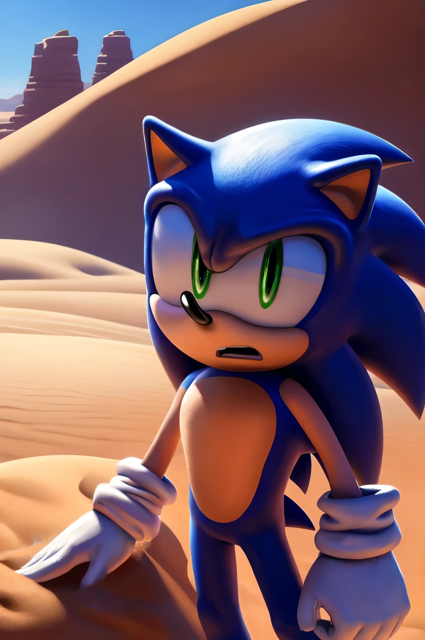 (masterpiece), Beautiful, very detailed, 8k contract, complex parts, Best quality, correct anatomy, bright lighting, HD, Digital painting, Digital art, trending on ArtStation, ((Sonic the Hedgehog)), costs, serious, green eyes, wicked, Close-up, desert, sand, White gloves, animal nose