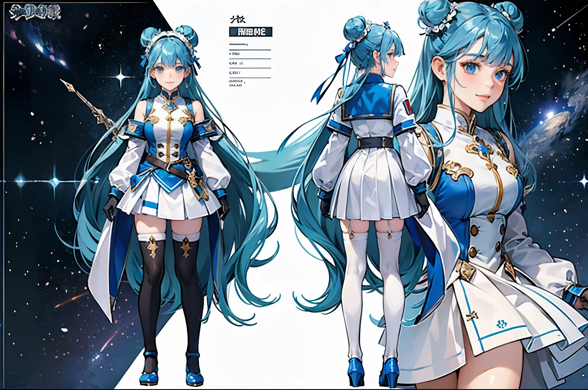 (Masterpiece, highest quality)), detailed face, character sheet, Full body, full of details, multiple poses and expressions, highly detailed, depth, many parts, 1girl, white skirt, gloves, stockings, long sleeves, blue hair, space buns hair, long hair, blunt bangs, tsundere, smiling