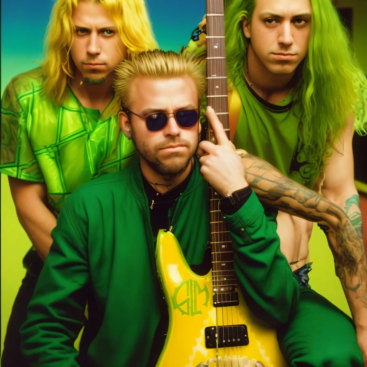arafed man holding a guitar with a green and yellow design, tool band, 90s photo, 90's color photo, nirvana, 90's photo, late 90s, close up 1 9 9 0, metallica, promotional shot, the 9 0 s, promo shot, photo from a promo shoot, buckethead, 90's photos